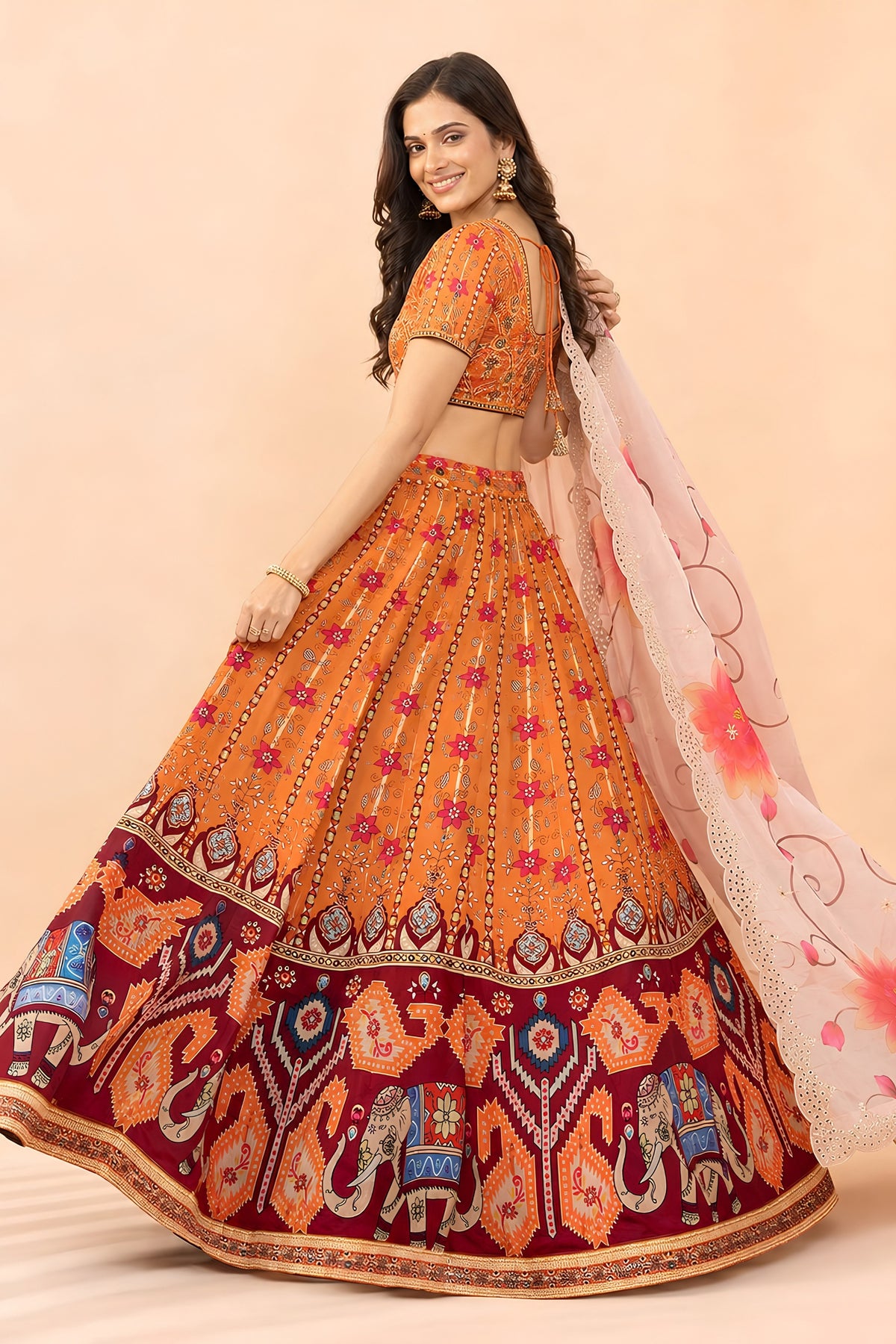 Gorgeous Orange Satin Silk Digital Printed Designer Lehenga Choli with Floral Dupatta for Women