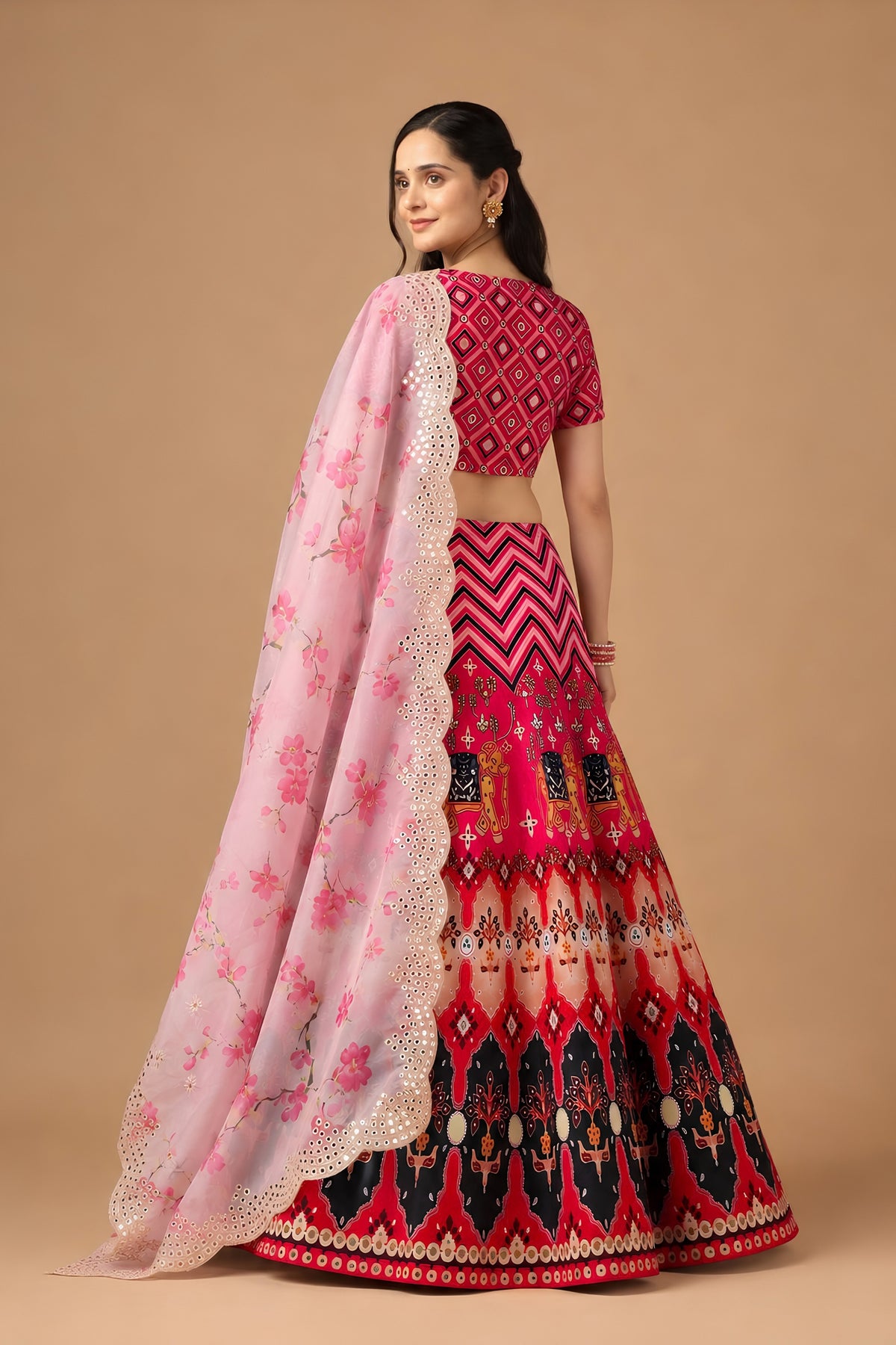 Beautiful Pink Satin Silk Digital Printed Designer Lehenga Choli with Floral Dupatta for Women