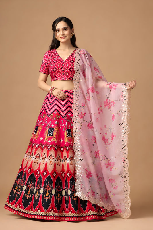 Beautiful Pink Satin Silk Digital Printed Designer Lehenga Choli with Floral Dupatta for Women