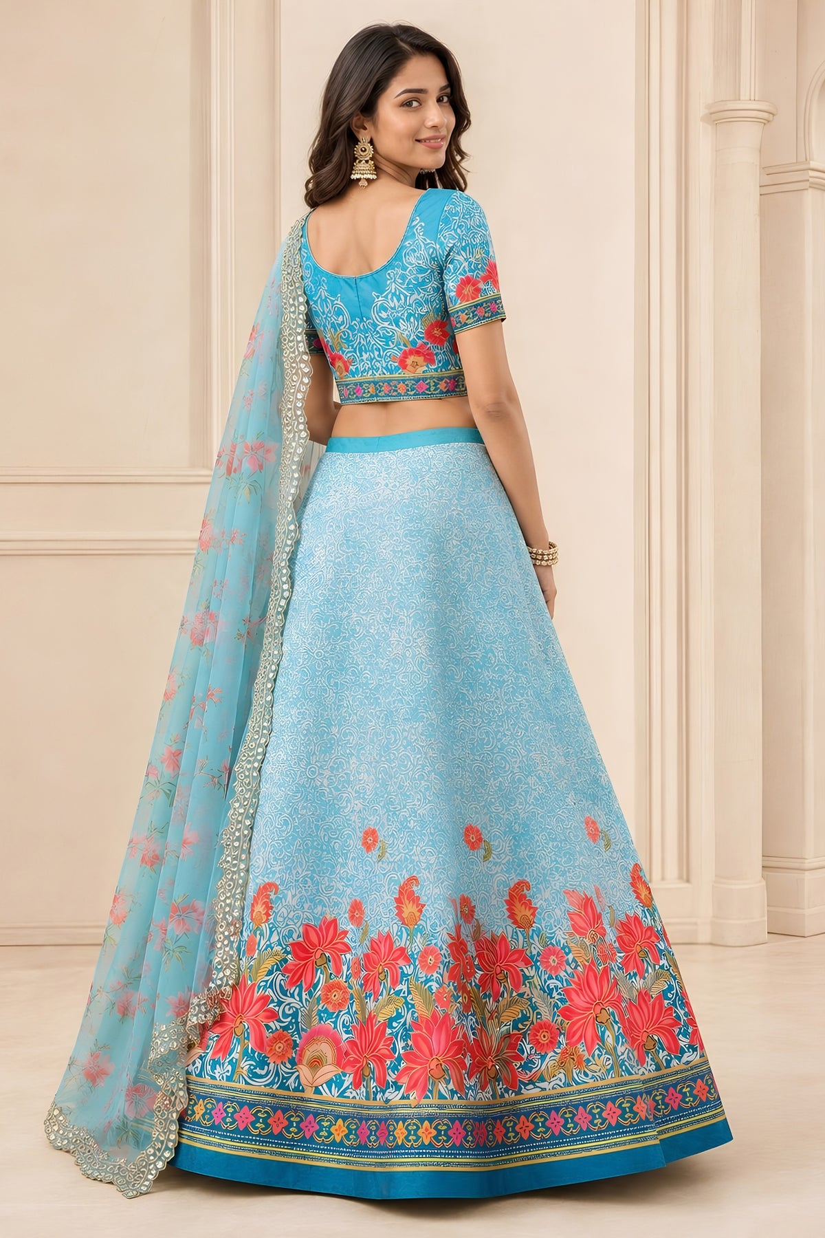 Admirable Sky Blue Satin Silk Digital Printed Designer Lehenga Choli with Floral Dupatta for Women
