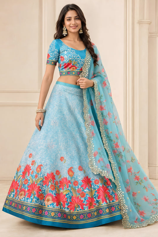 Admirable Sky Blue Satin Silk Digital Printed Designer Lehenga Choli with Floral Dupatta for Women