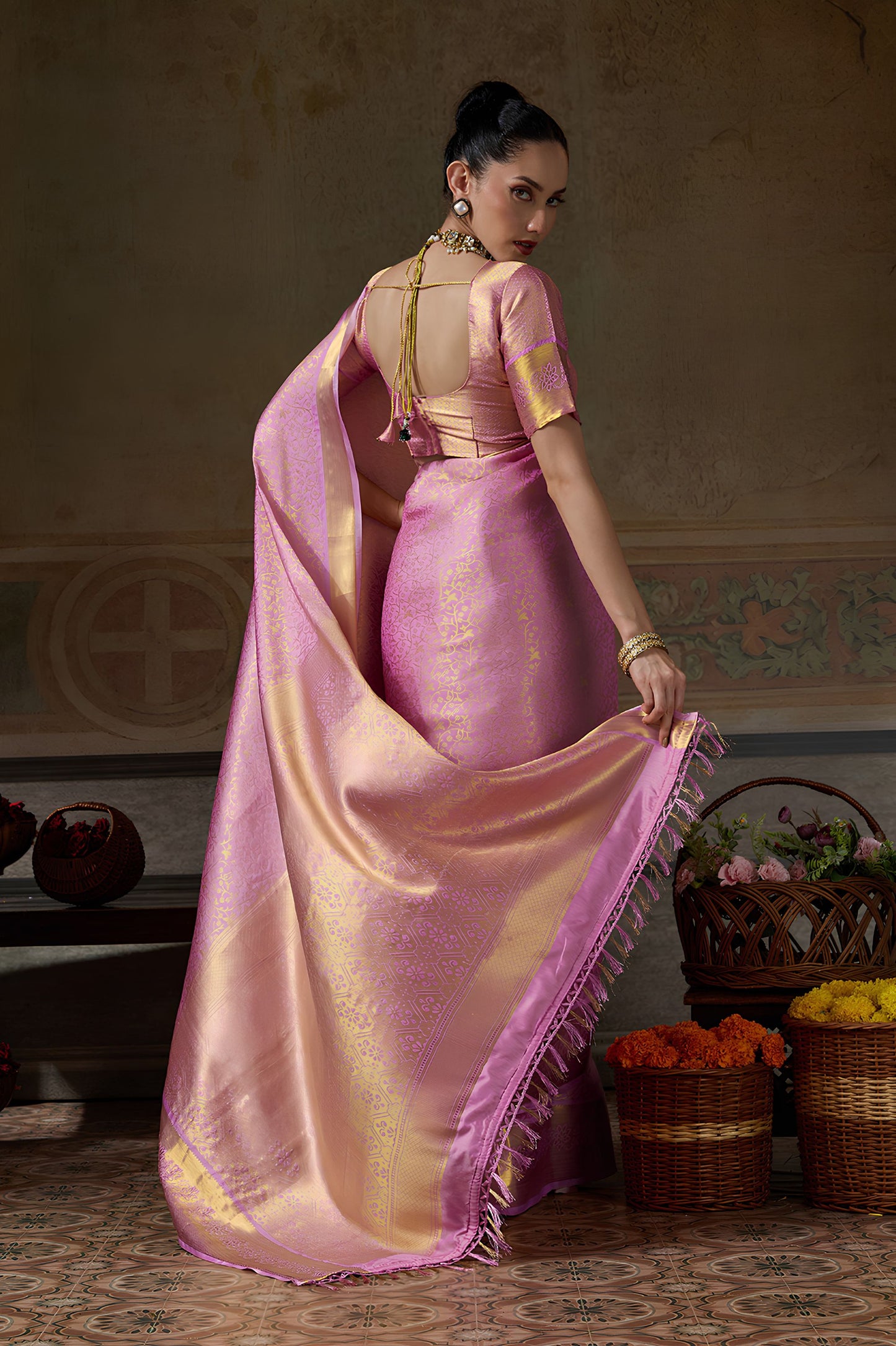 Elegant Rose Pink Kanchivaram Silk Woven Jari Designer Saree for Women
