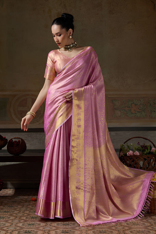 Elegant Rose Pink Kanchivaram Silk Woven Jari Designer Saree for Women