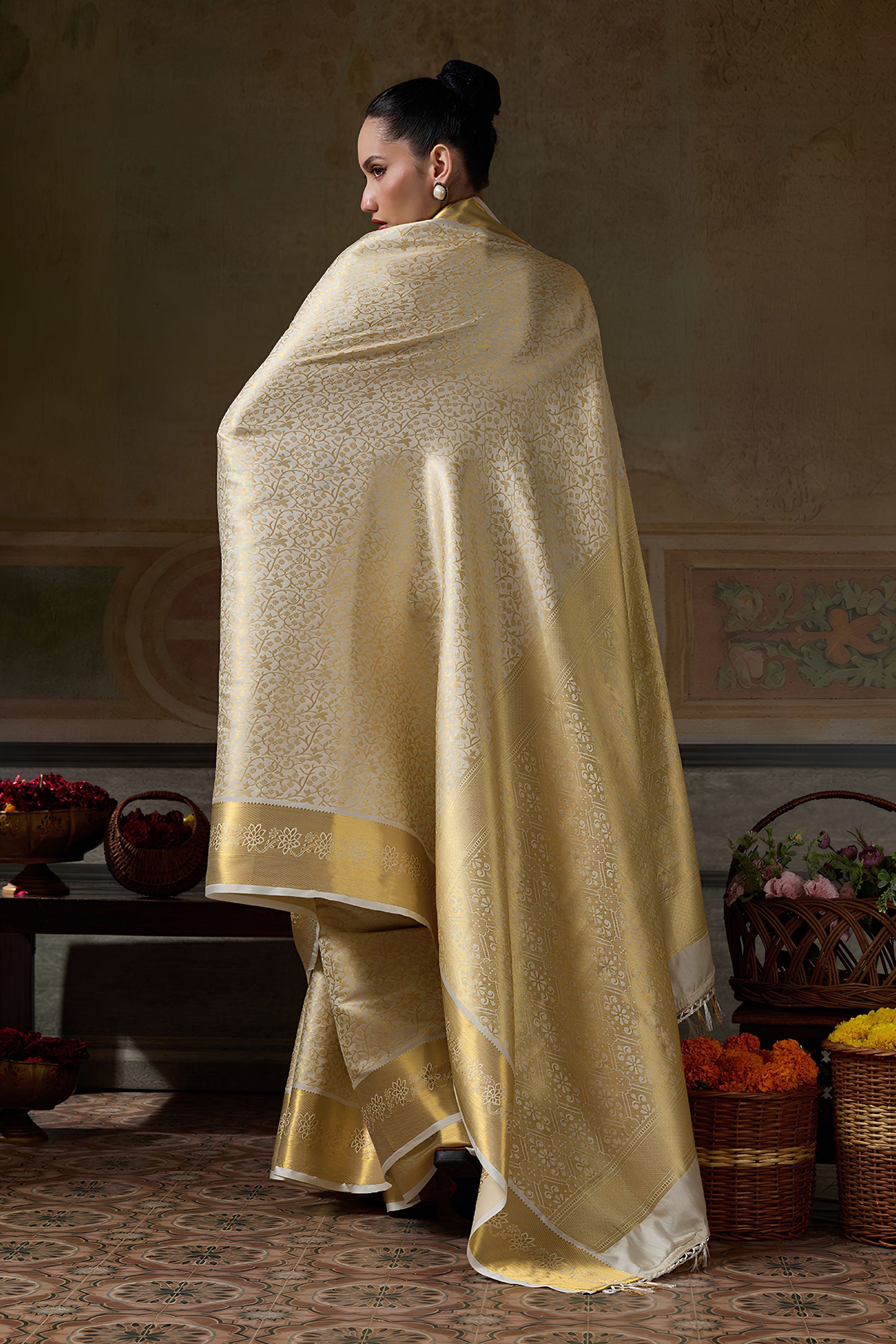 Stylish Cream Kanchivaram Silk Woven Jari Designer Saree for Women