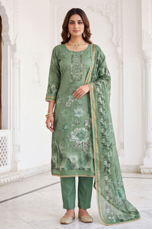 Elegant Sea Green Simmer Linen Cotton Printed Hand Work Dupatta for Women