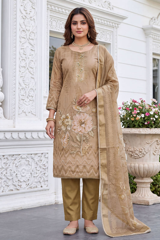 Premium Beige Simmer Linen Cotton Hand Work Dupatta for Women