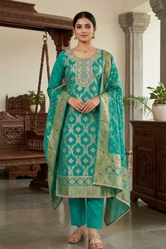 Vibrant Teal Blue Banarasi Cotton Woven Designer Hand Work Salwar Suit for Women