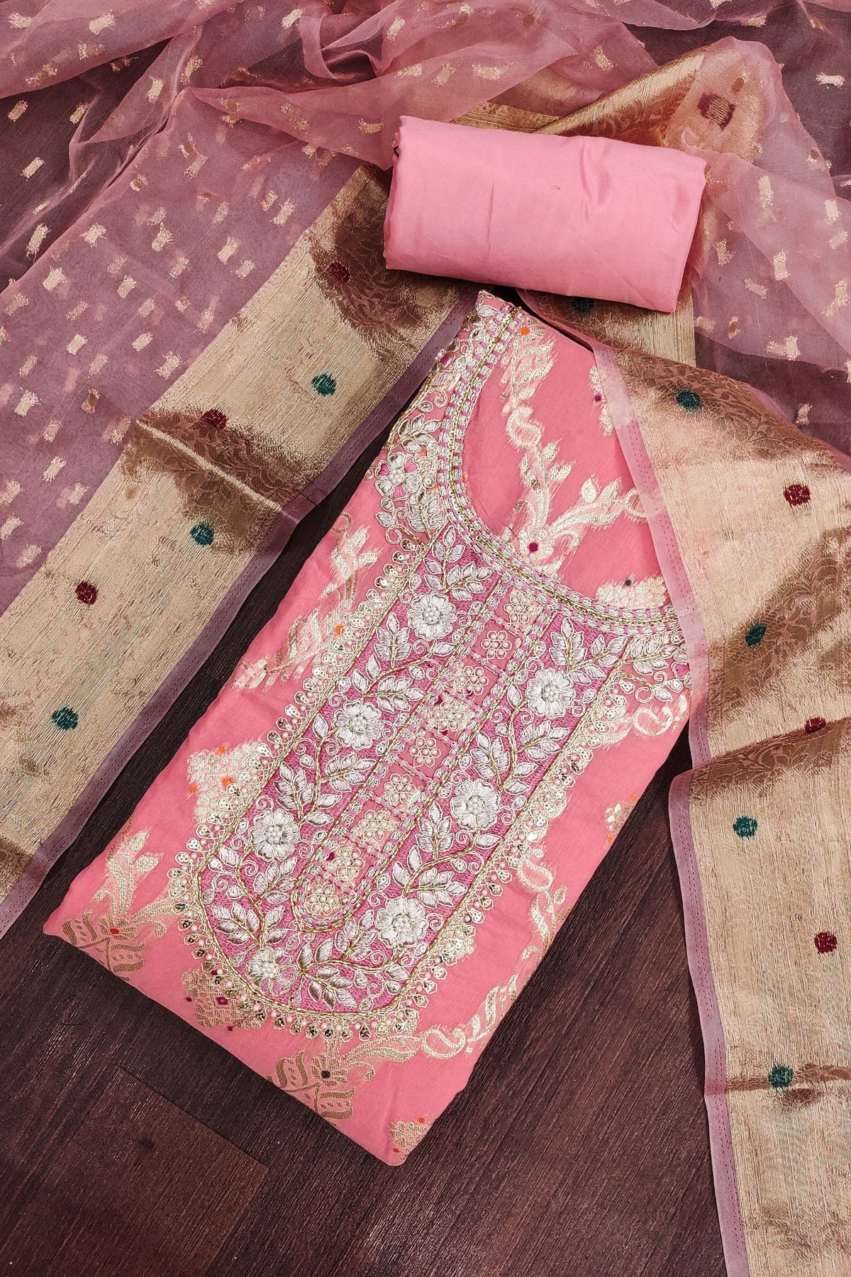 Beautiful Pink Banarasi Cotton Woven Designer Hand Work Salwar Suit for Women