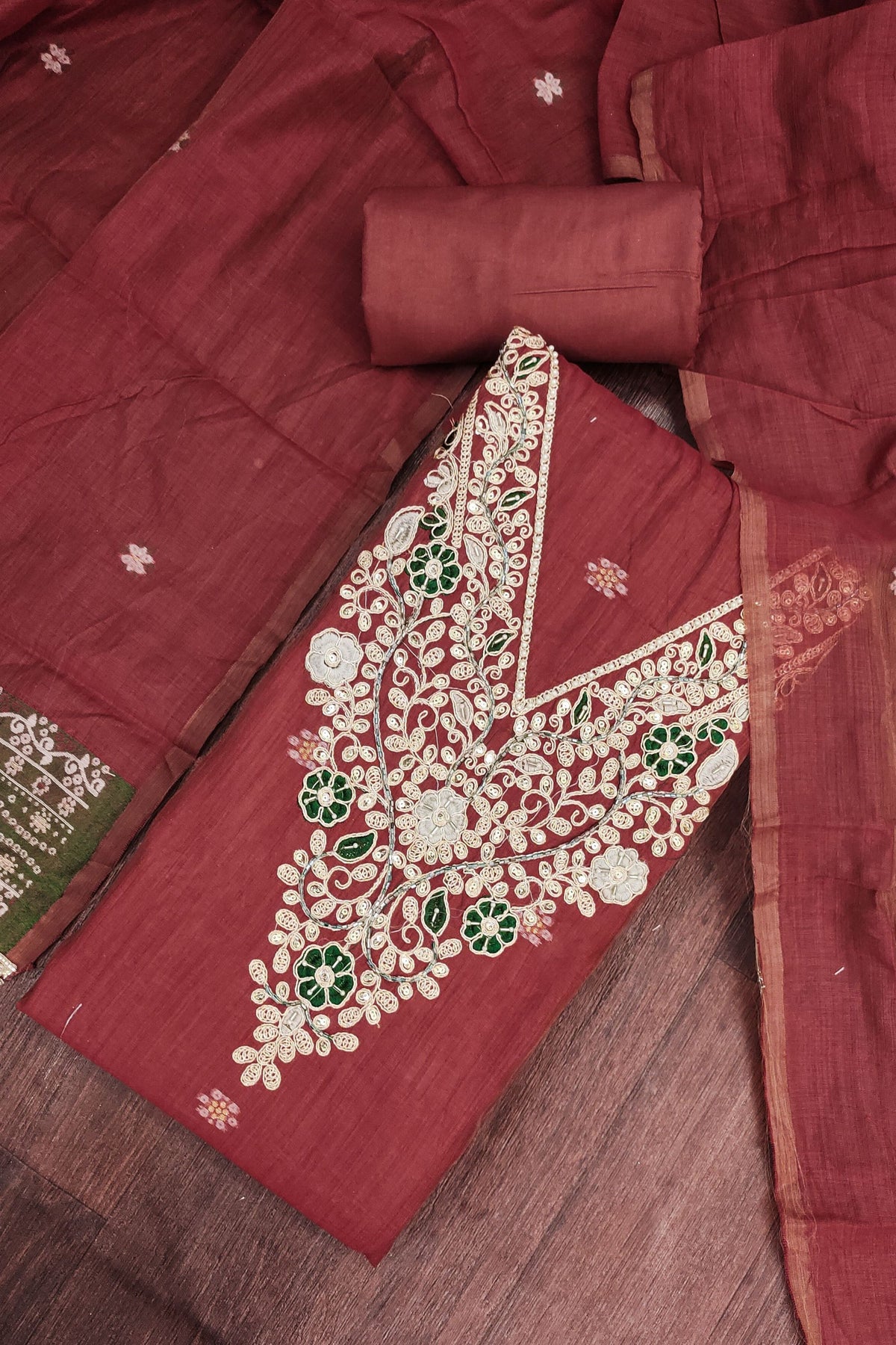 Adorable Maroon Banarasi Cotton Woven Designer Hand Work Salwar Suit for Women