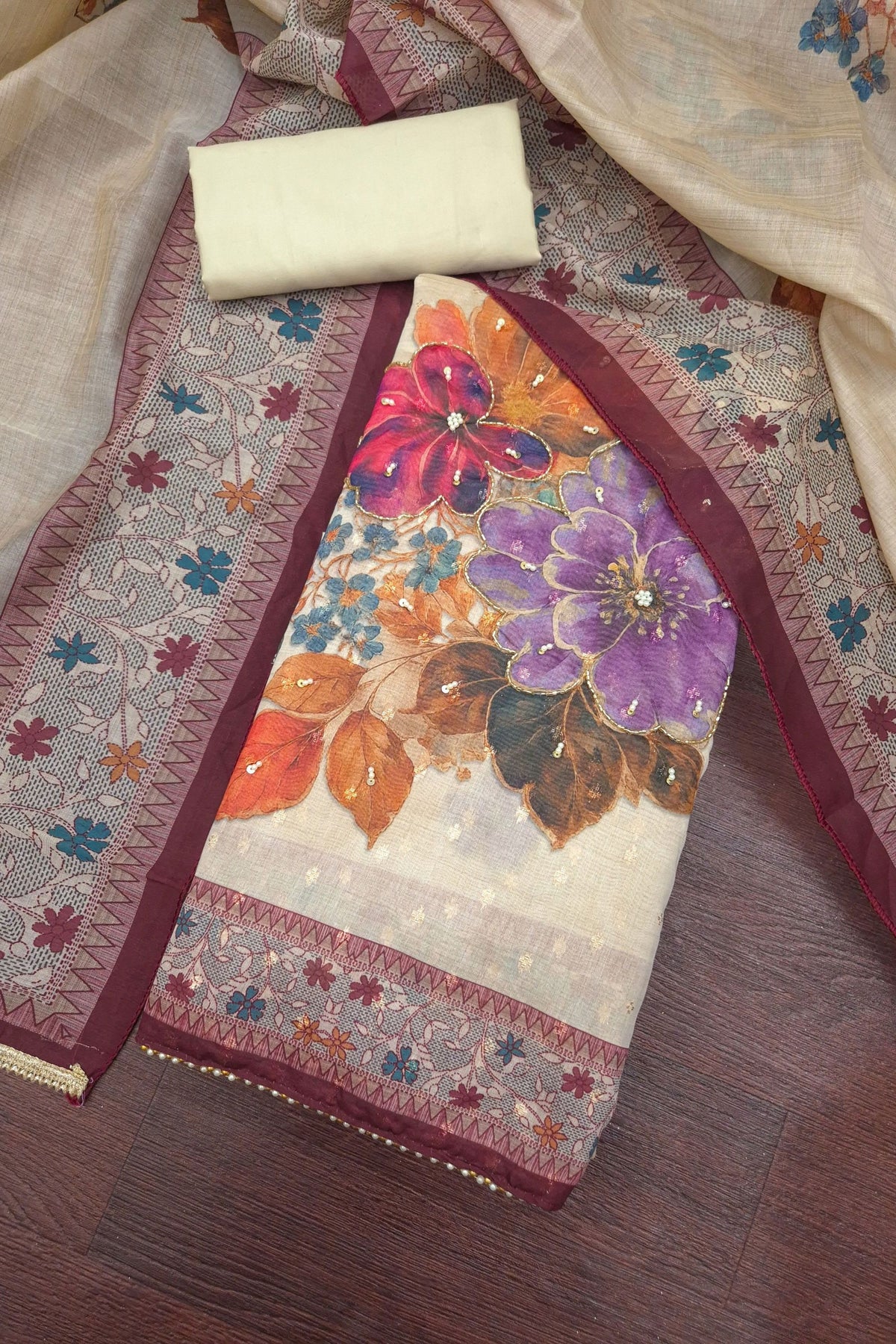 Stylish Maroon Modal Cotton Printed Hand Work Salwar Suit with Dupatta