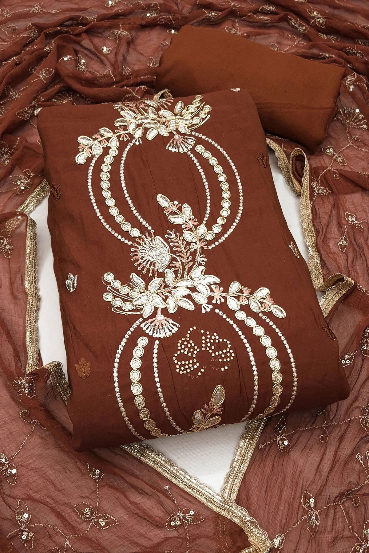 Premium Brown PV Chanderi Embroidery Hand Work Salwar Suit with Dupatta