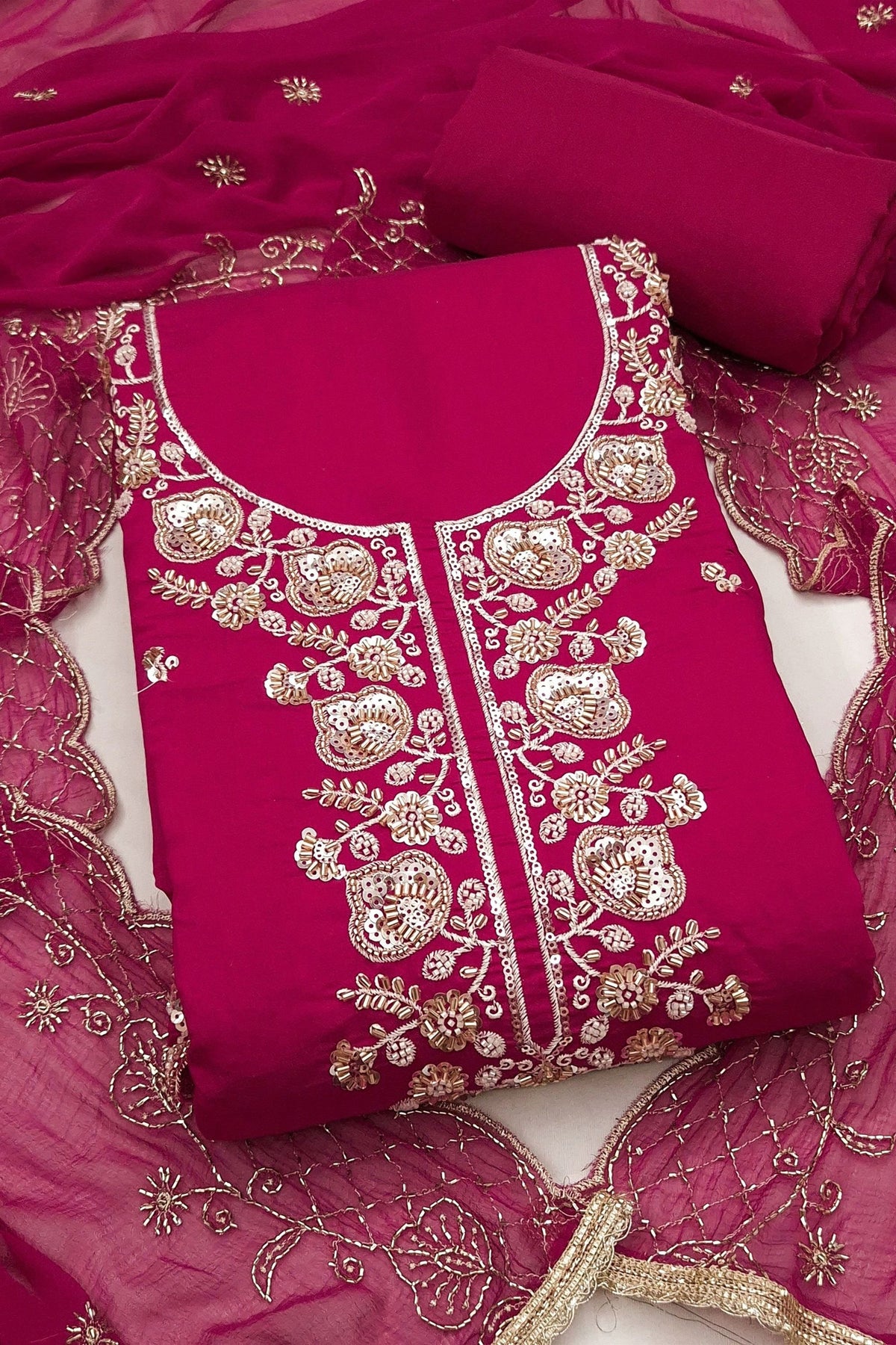 Traditional Rani Pink PV Chanderi Embroidery Hand Work Salwar Suit with Dupatta