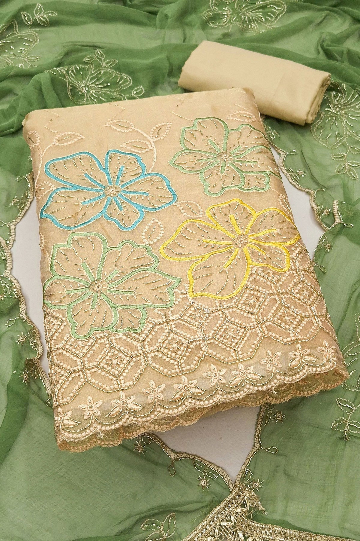 Stylish Beige Salsa Beads Embroidery Work Salwar Suit with Dupatta