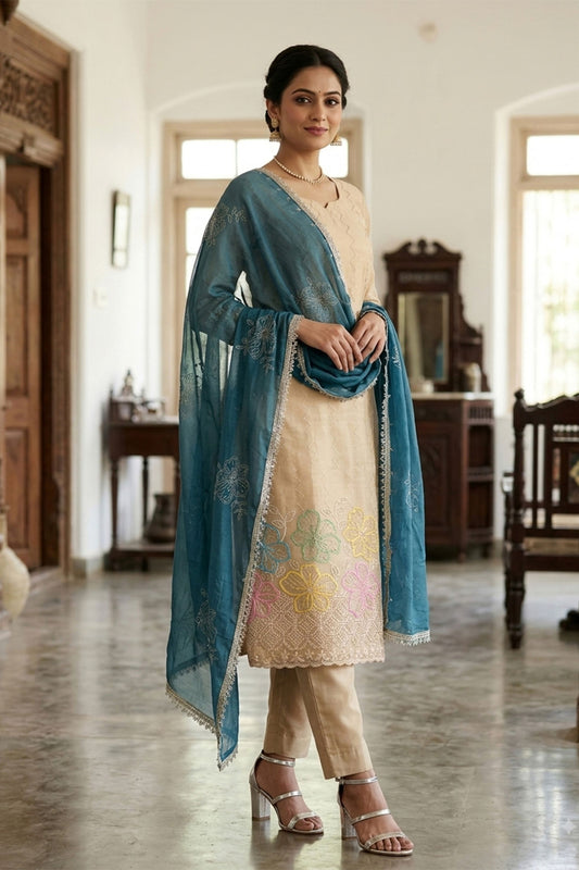 Gorgeous Beige Salsa Beads Embroidery Work Salwar Suit with Dupatta