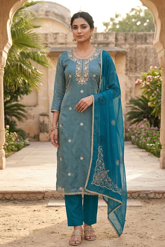 Trendy Teal Blue Salsa Beads Embroidery Work Salwar Suit with Dupatta
