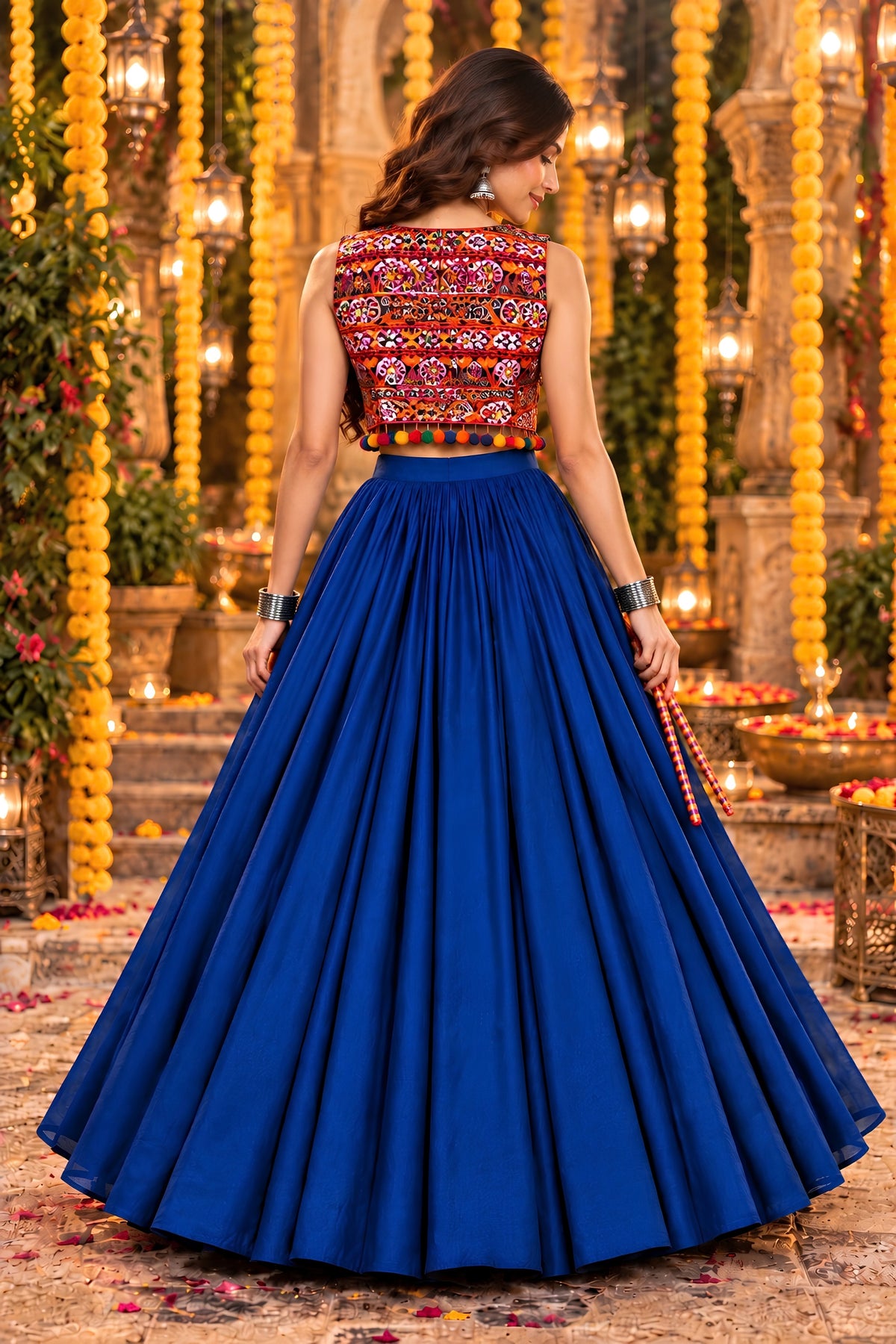 Fabulous Royal Blue Georgette Designer Indo Western Lehenga Choli with Embroidered Jacket for Women