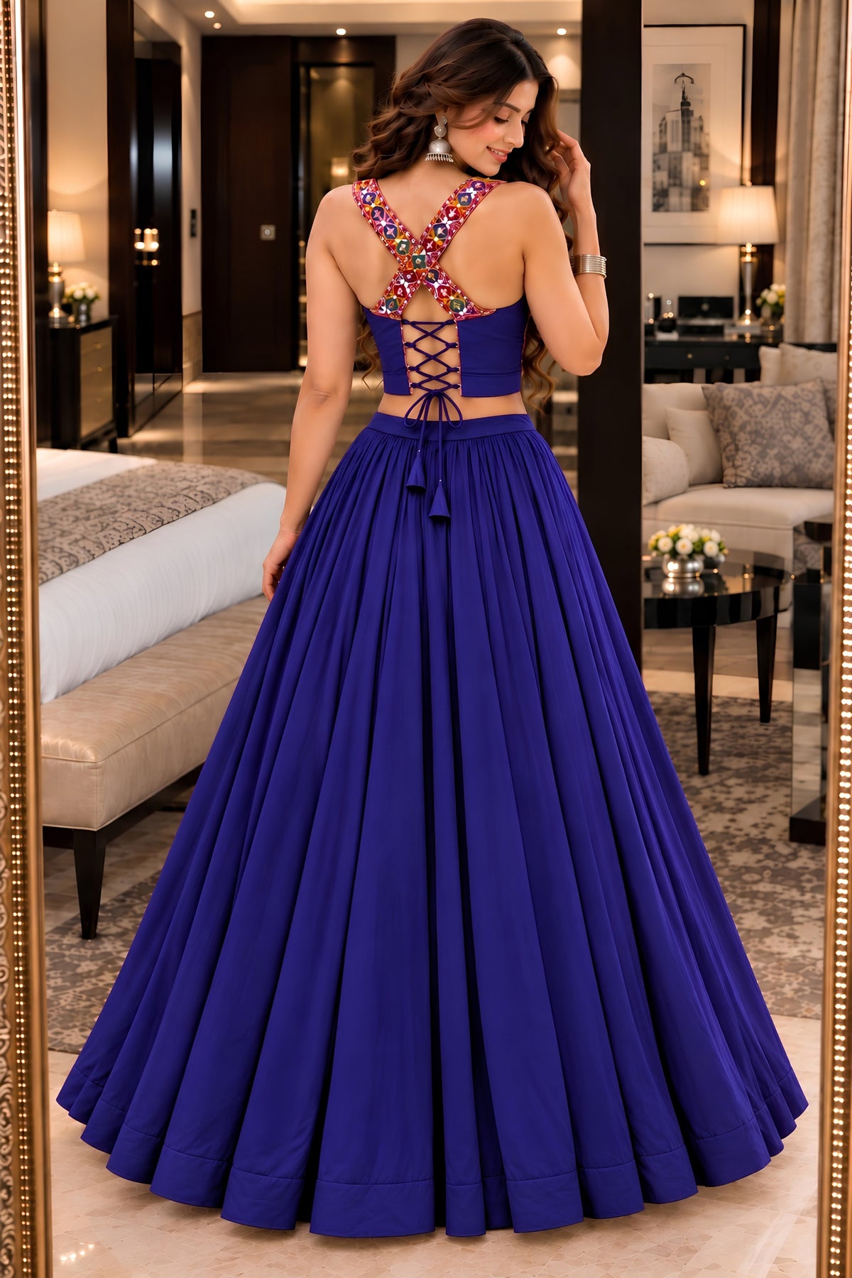Gorgeous Royal Blue Georgette Embroidered Mirror Work Indo Western Lehenga Choli for Women