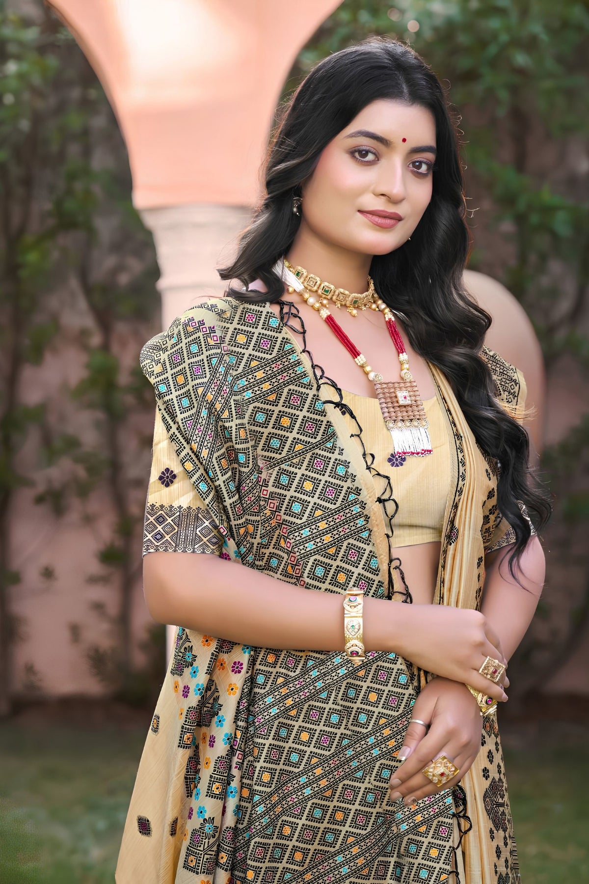 Stylish Beige Assam Silk Woven Designer Work Saree