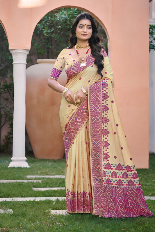 Beautiful Beige Assam Silk Woven Designer Work Saree