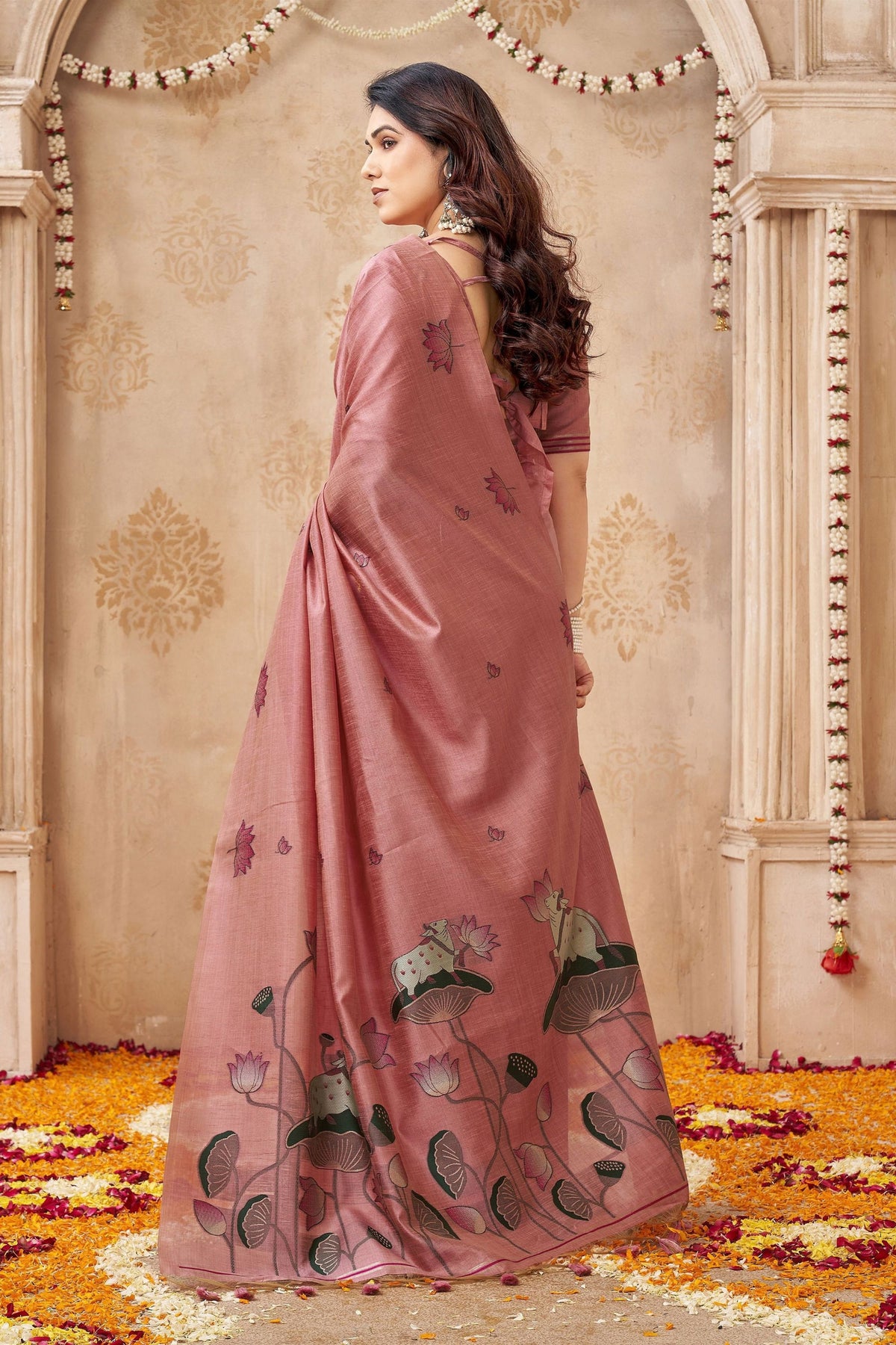 Beautiful Pink Jute Linen Weaving Lotus Butti Designer Saree