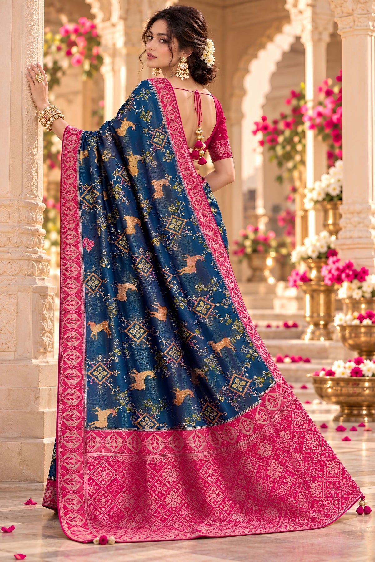 Stunning Navy Blue Satin Tissue Woven Jari Saree for Women