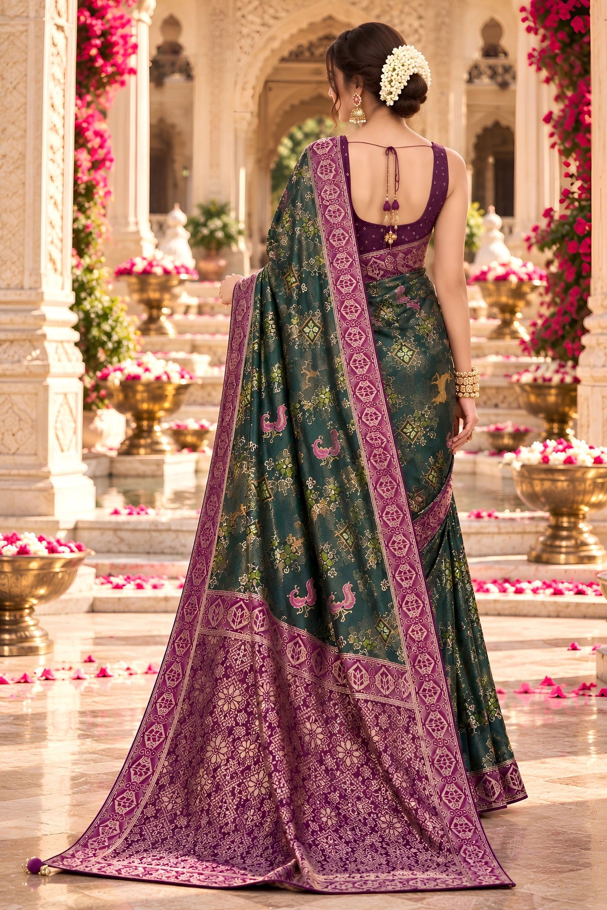 Lovely Dark Green Satin Tissue Woven Jari Saree for Women