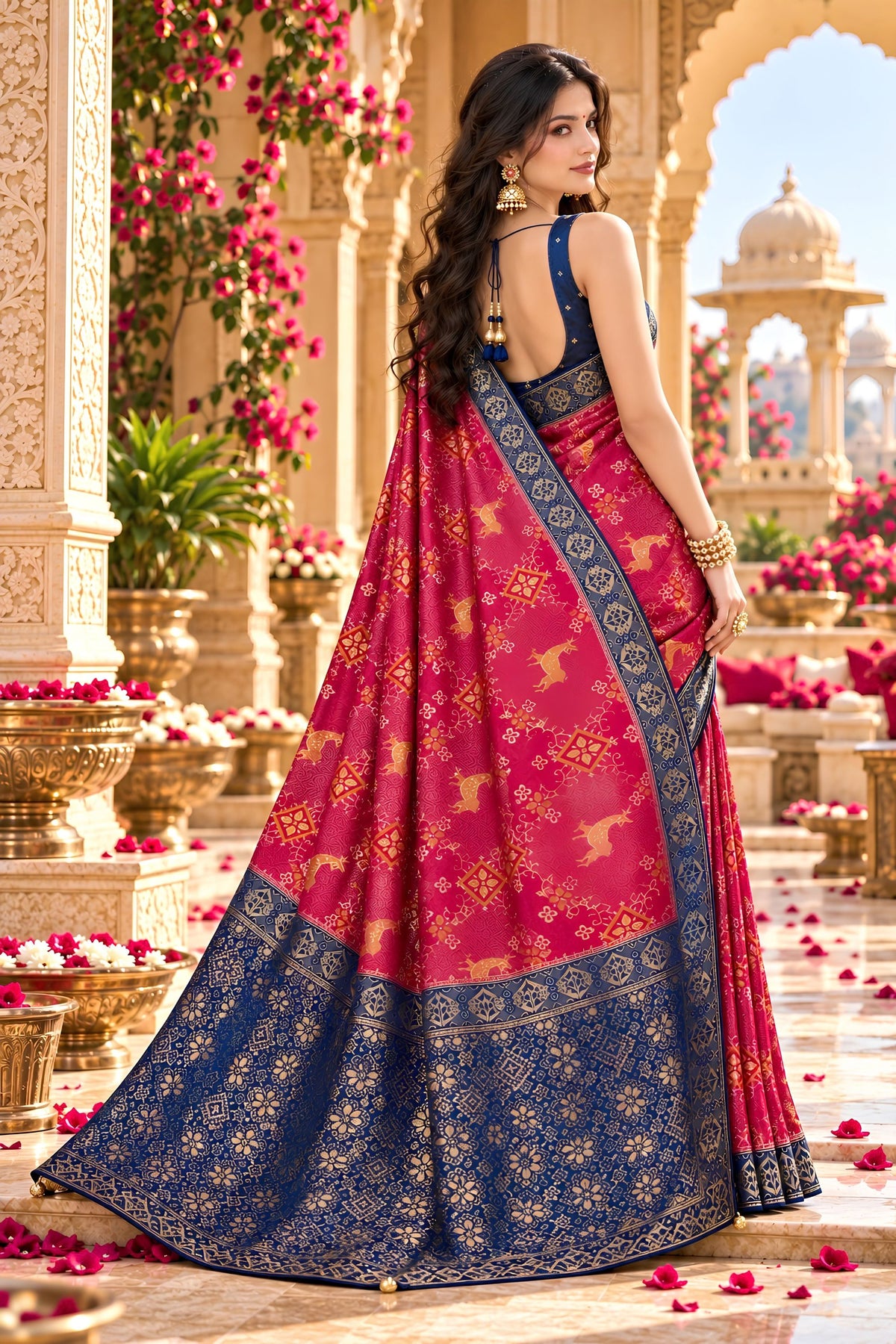 Beautiful Rani Pink Satin Tissue Woven Jari Designer Saree for Women