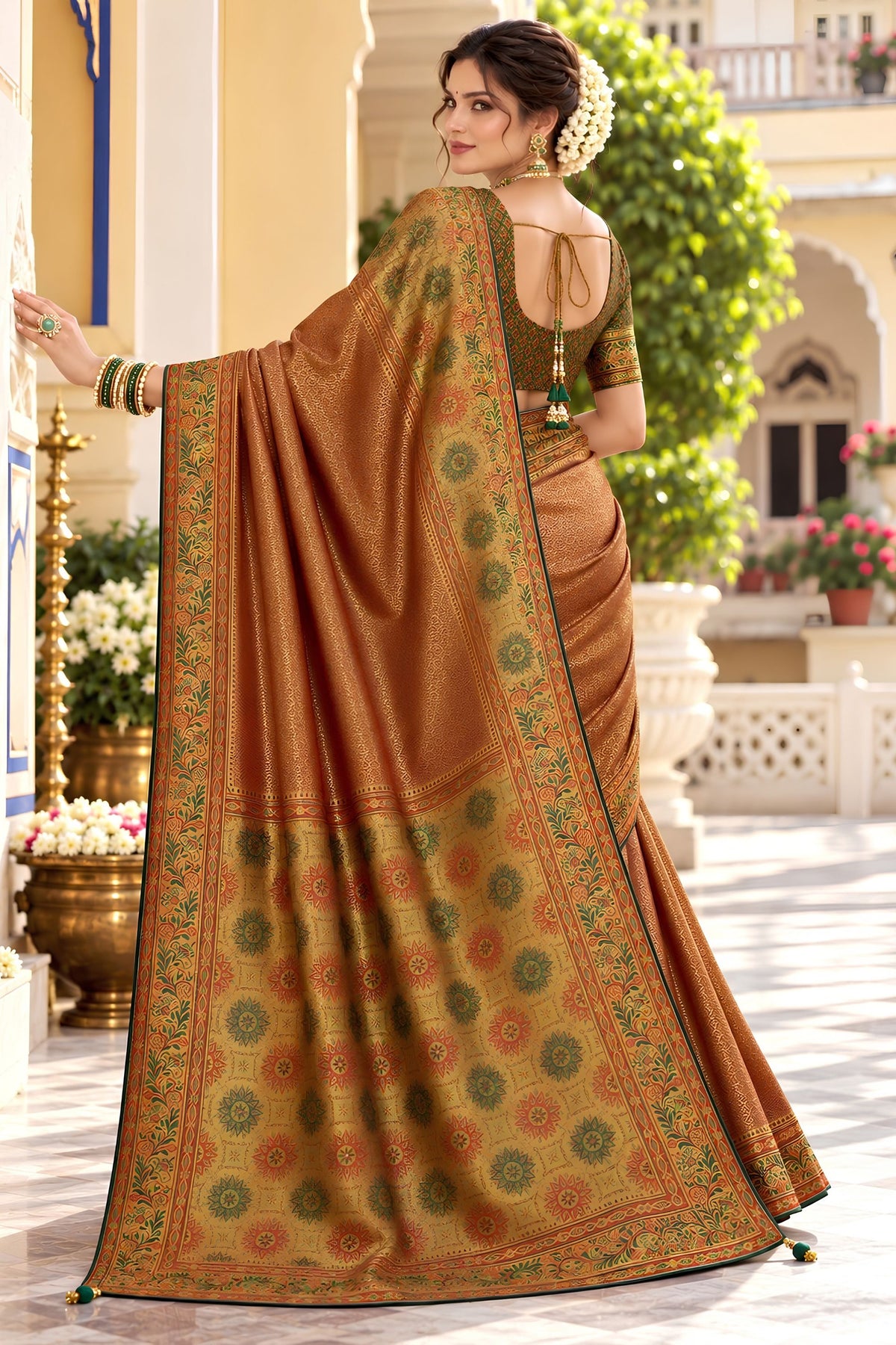 Stylish Rust Brown Satin Tissue Woven Jari Designer Saree for Women