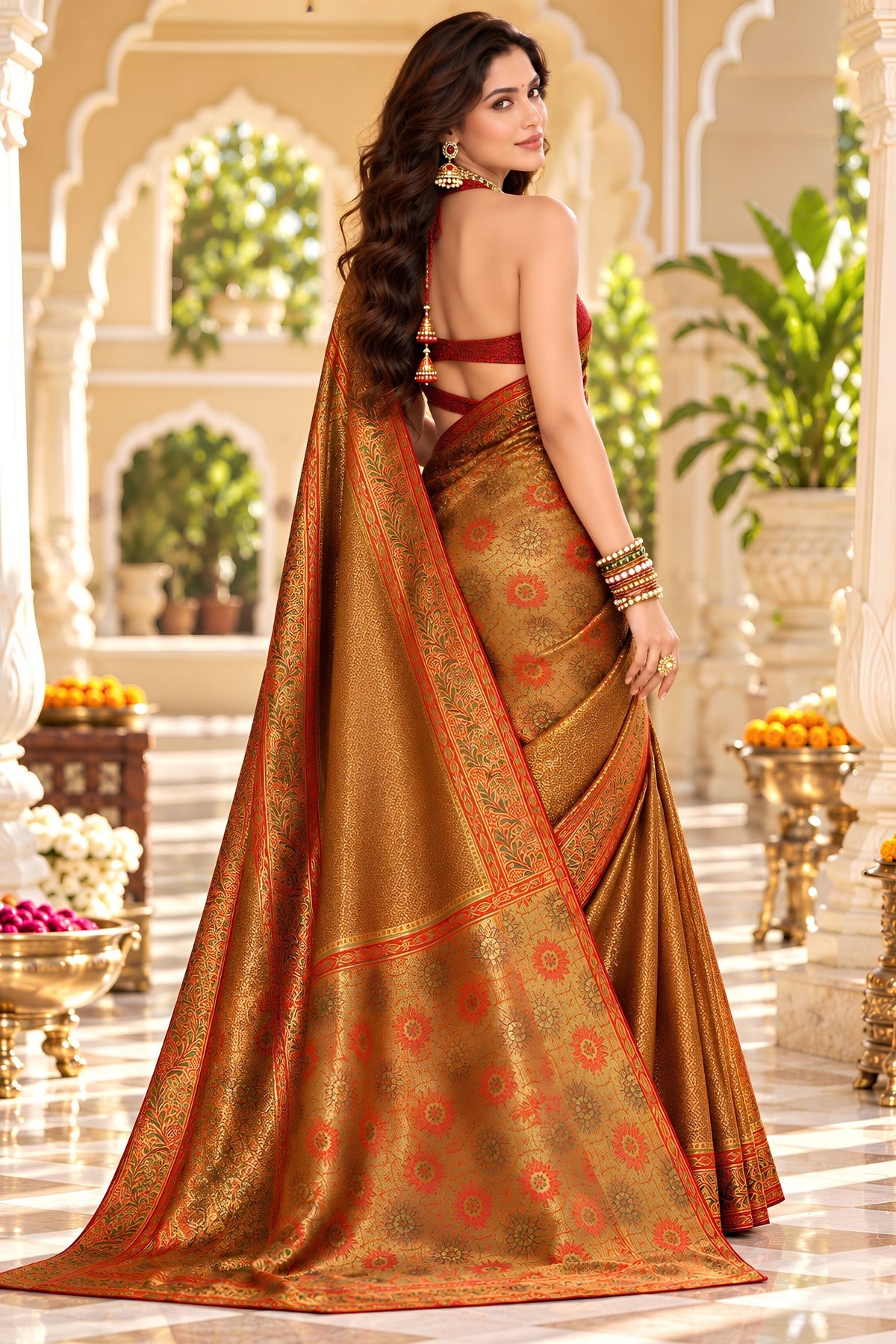 Amazing Brown Satin Tissue Woven Jari Designer Saree for Women