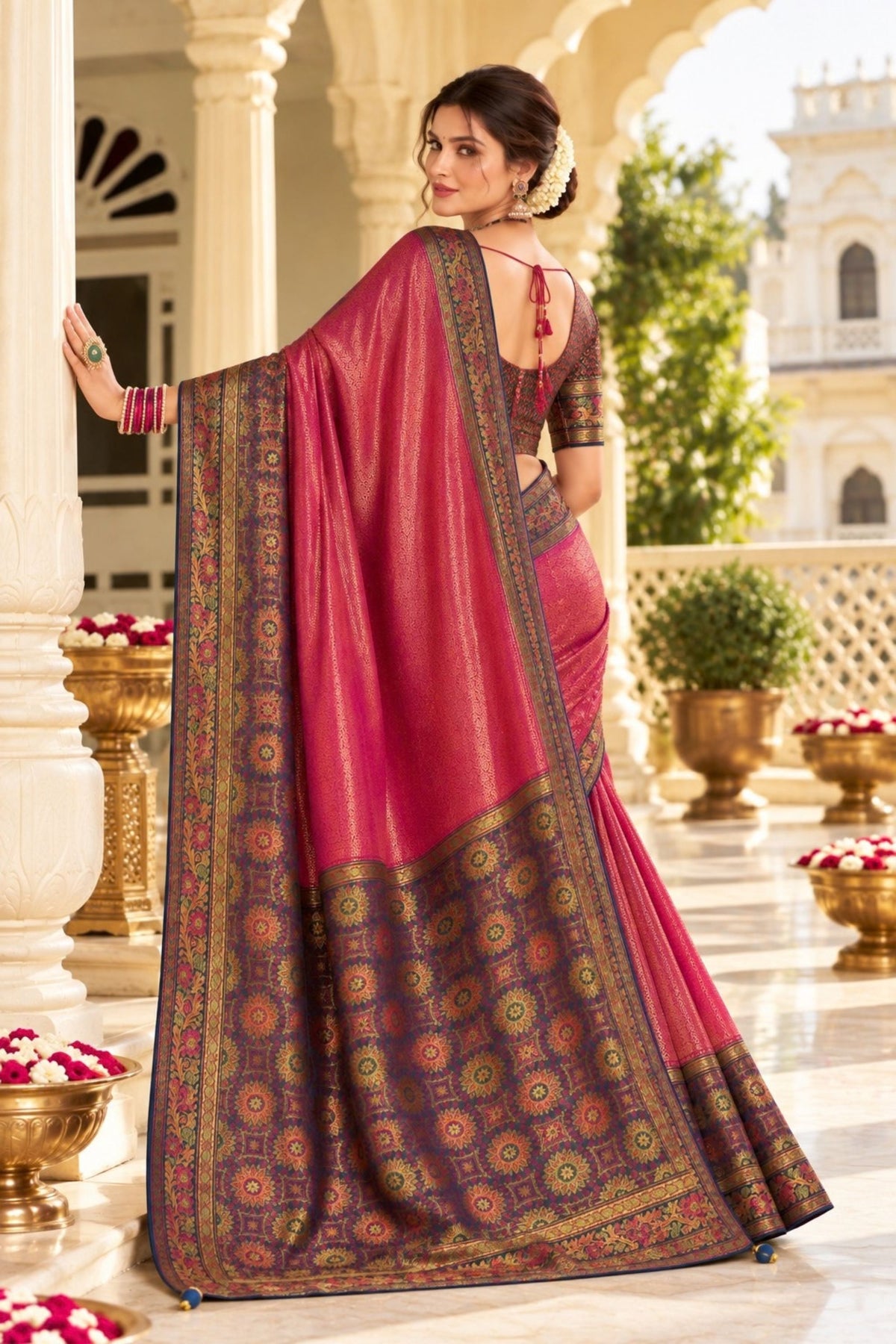 Beautiful Pink Satin Tissue Woven Jari Saree for Women