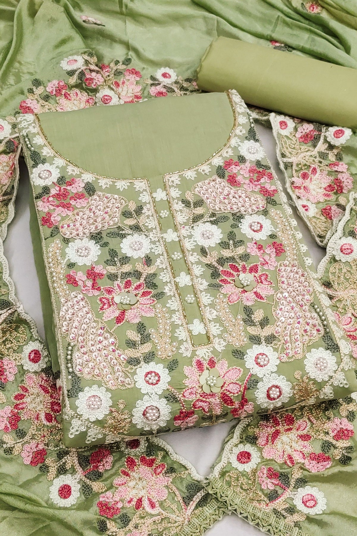 Elegant Pista Green PV Cotton Salwar Suit with Embroidery Work and Dupatta for Women