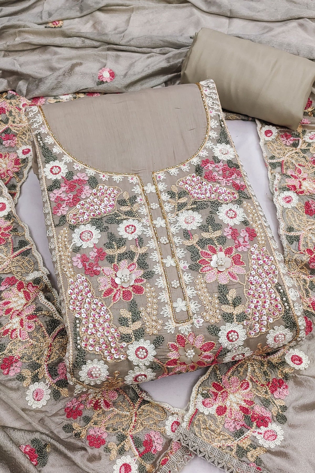 Sophisticated Gray PV Cotton Salwar Suit with Embroidery Work and Dupatta for Women