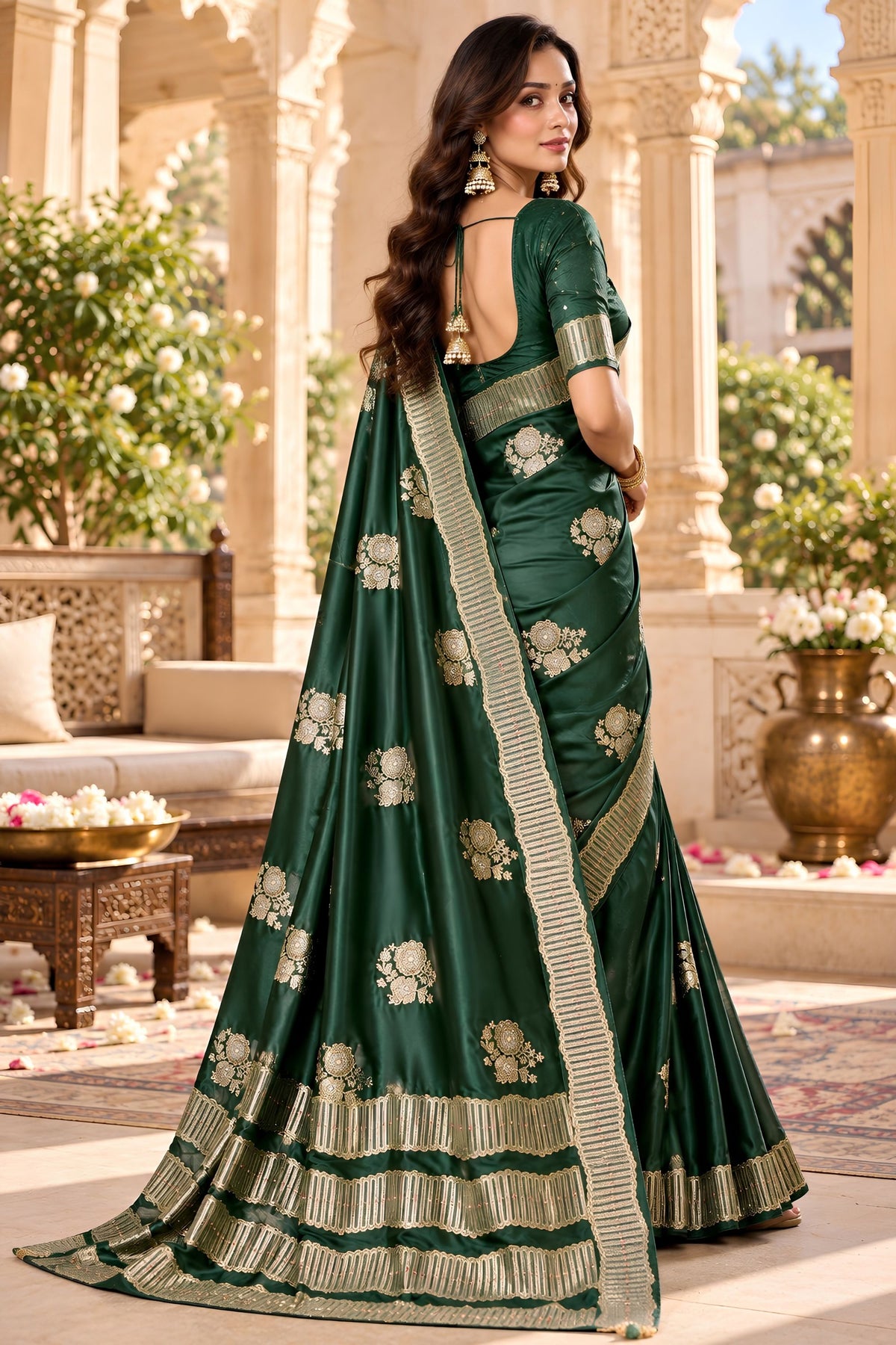 Graceful Dark Green Satin Tissue Woven Jacquard Designer Saree for Women