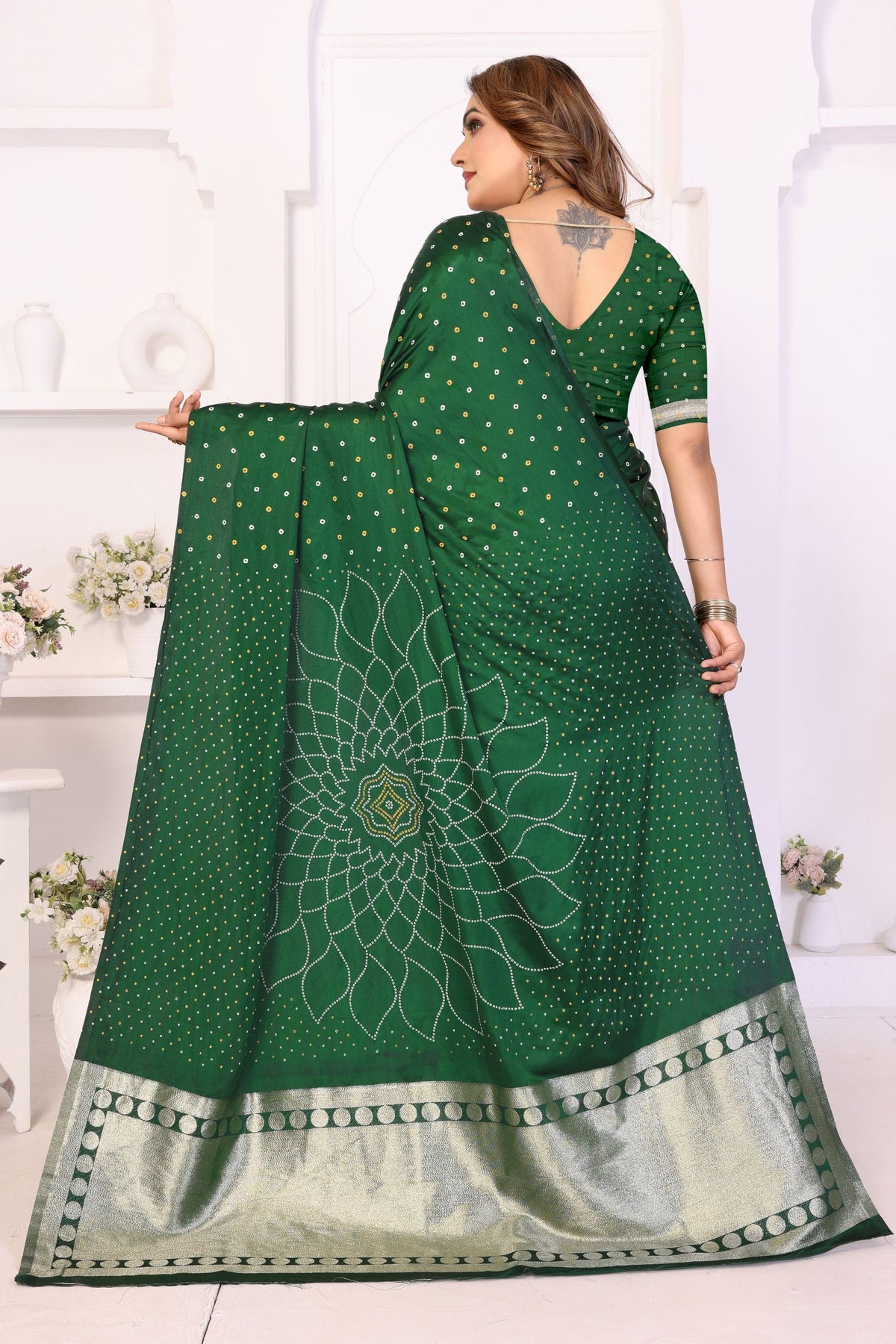 Graceful Dark Green Satin Silk Bandhej Printed Saree with Weaving Pallu for Women