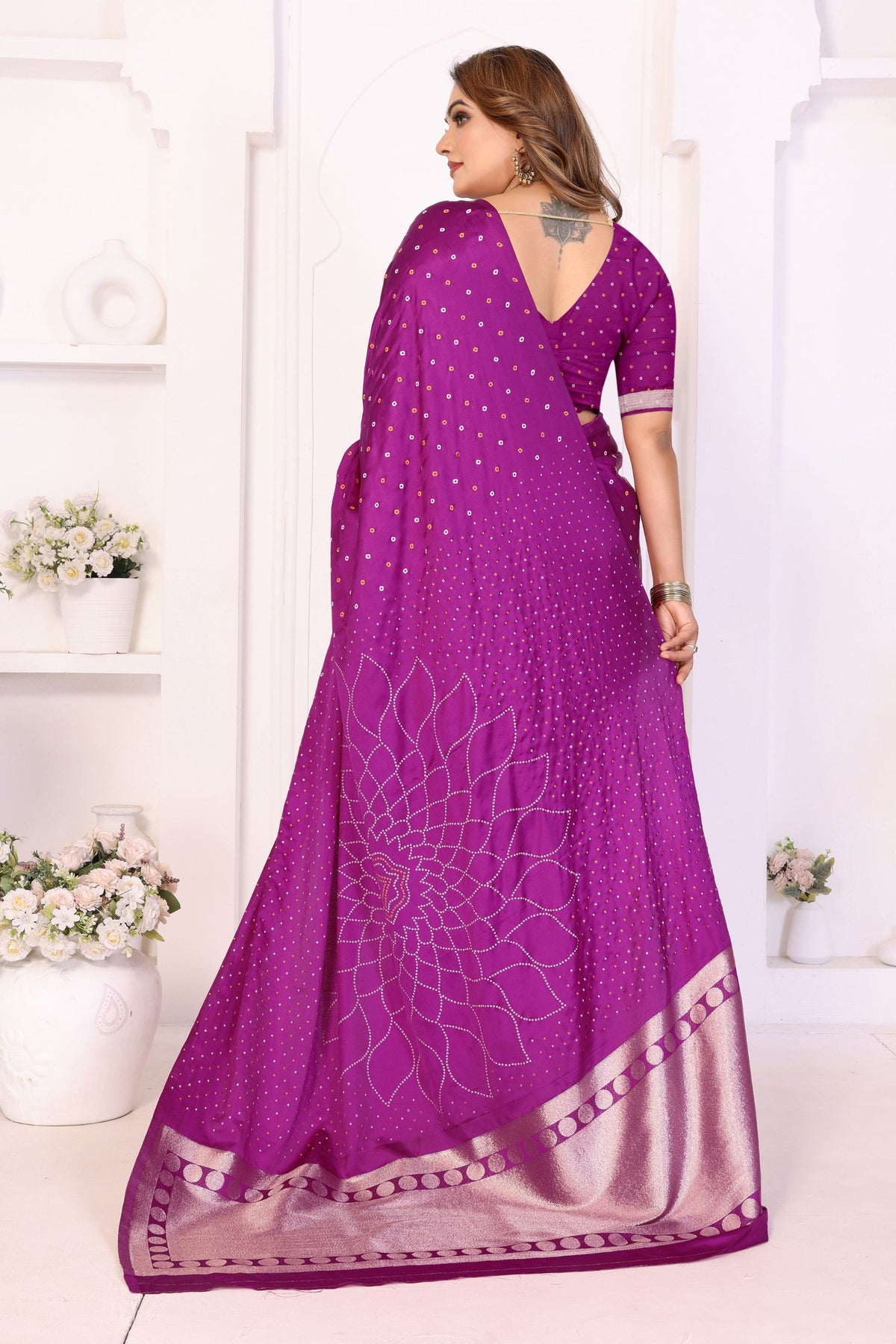 Stylish Purple Satin Silk Bandhej Printed Saree with Designer Weaving Pallu for Women