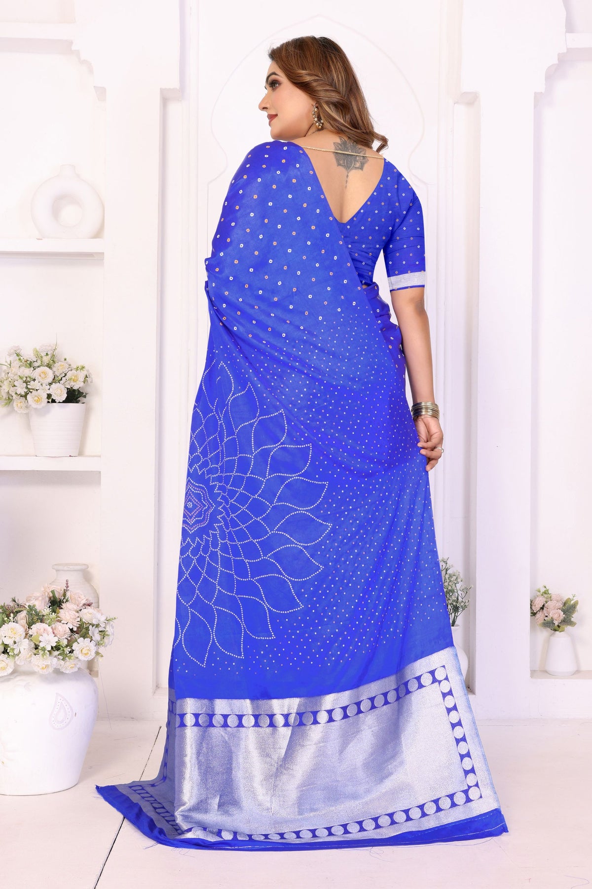 Royal Blue Satin Silk Bandhej Printed Saree with Designer Weaving Pallu for Women