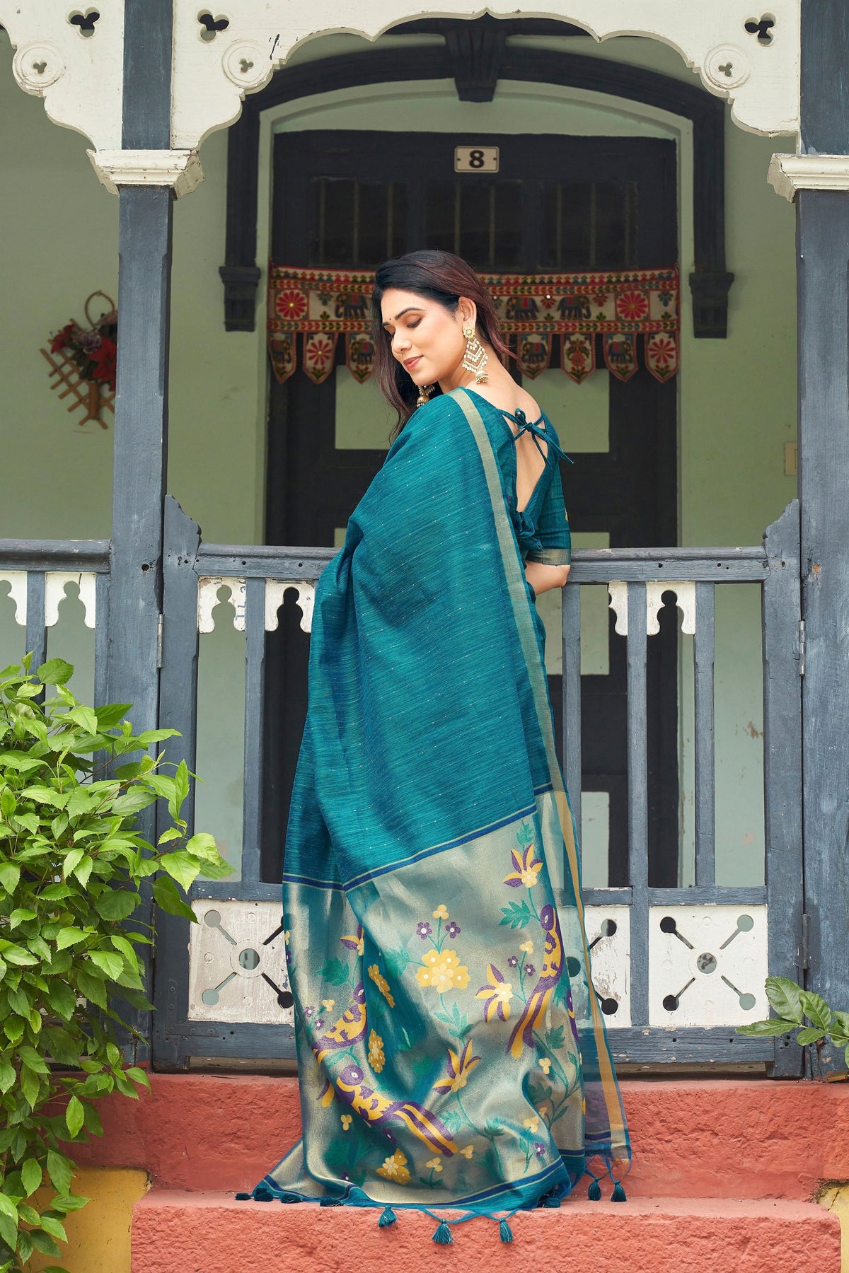 Royal Teal Blue Linen Silk Floral Printed Saree with Designer Pallu for Women