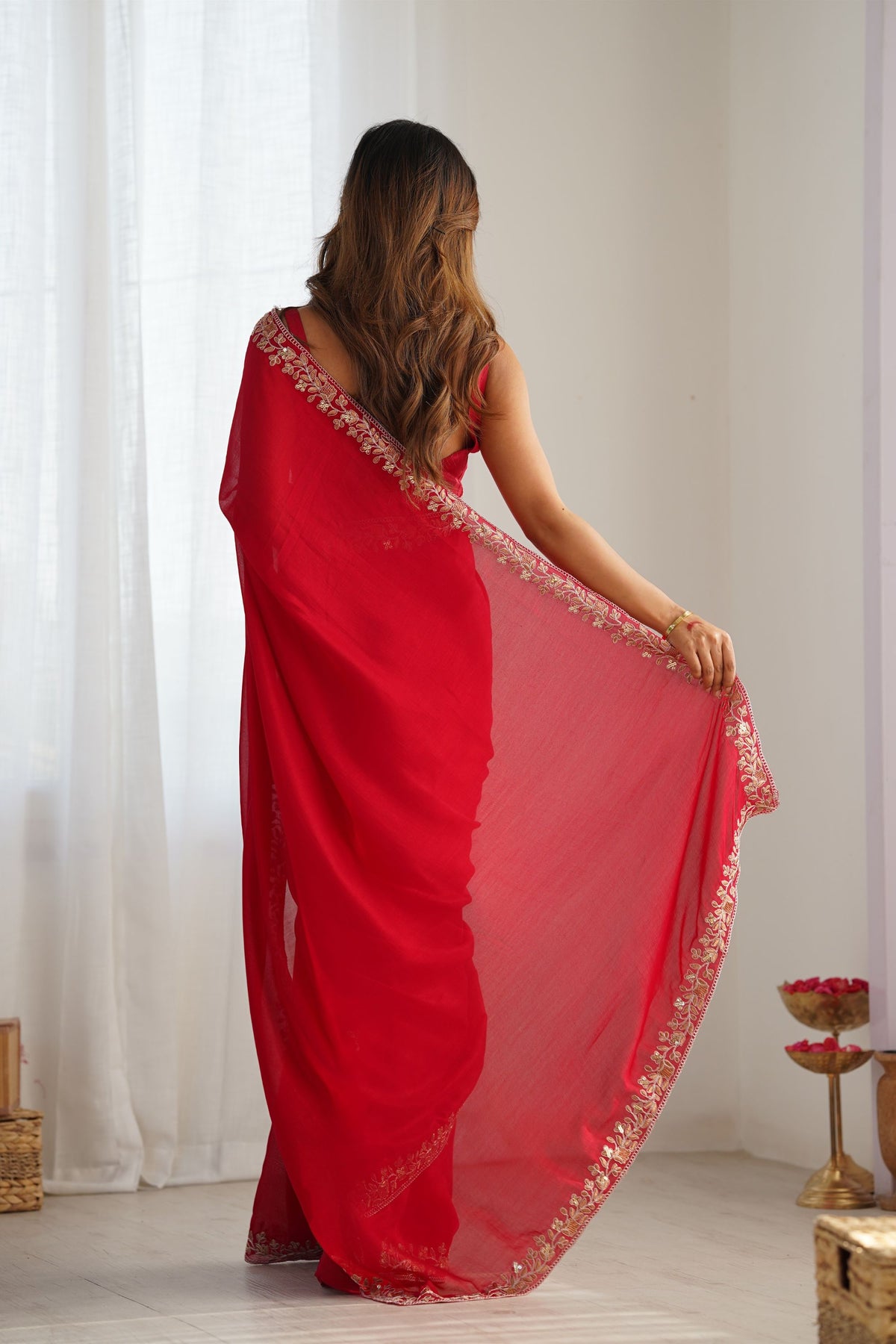 Luxury Red Vichitra Silk Sequin Embroidery Work Designer Saree for Women