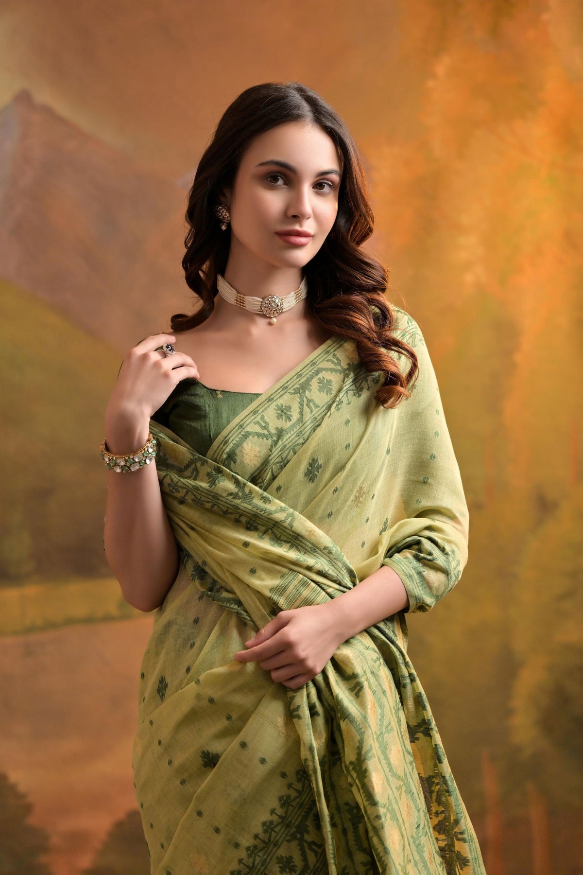 Lovely Pista Green Muga Cotton Jamdani Weaving Designer Saree for Women