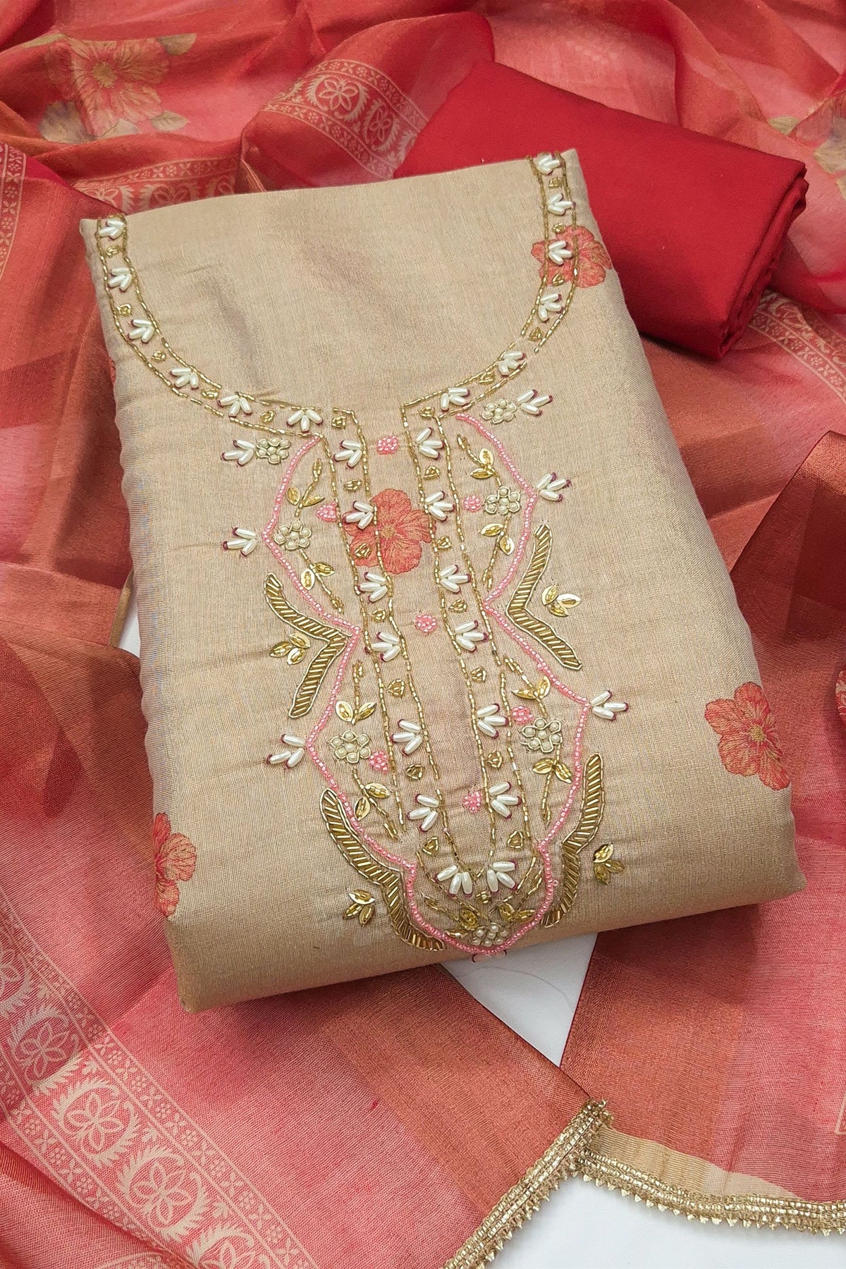 Vibrant Beige Shimmer Cotton Linen Printed Salwar Suit with Embroidery Work and Dupatta for Women