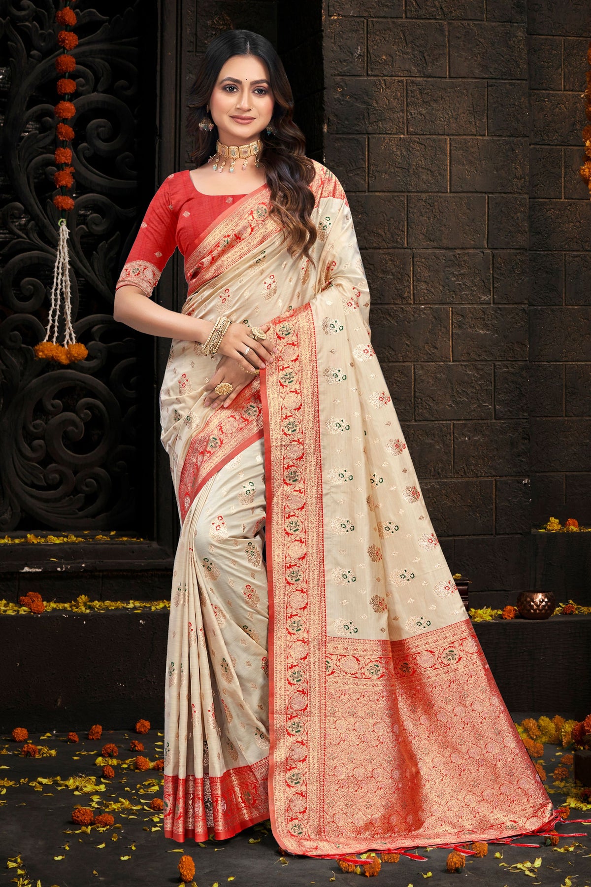 Exquisite Cream Silk Woven Designer Saree with Red Zari Border for Women
