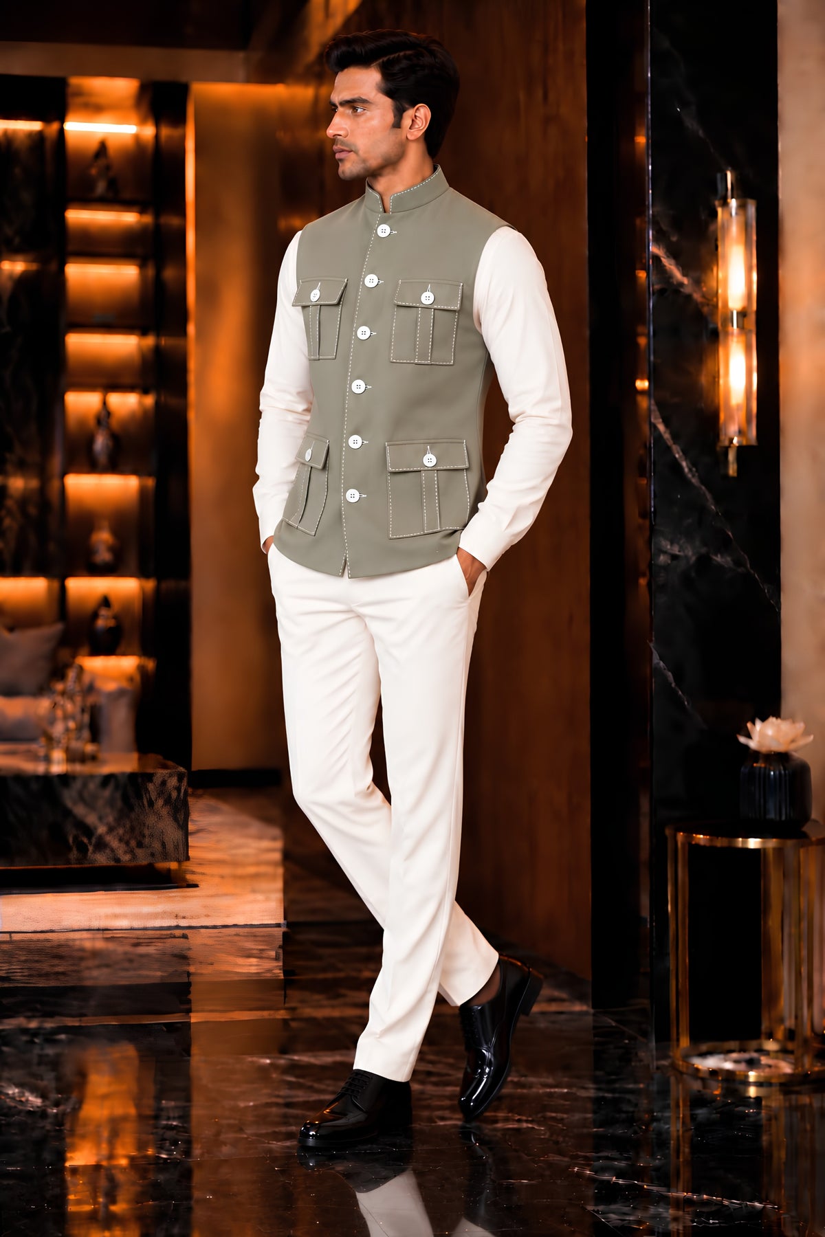 Sophisticated Olive Green Lachka Silk Designer Nehru Jacket for Men with Chawal-Taka Work
