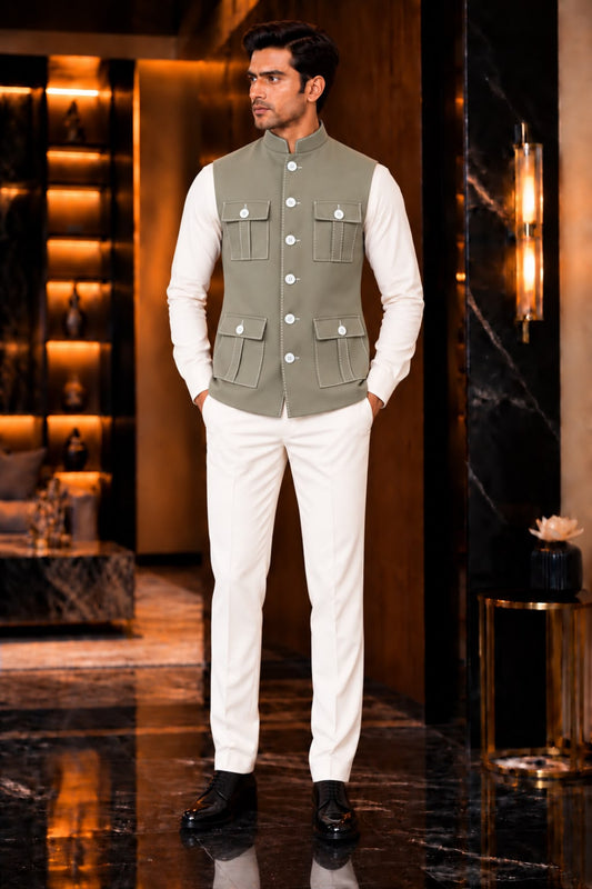 Sophisticated Olive Green Lachka Silk Designer Nehru Jacket for Men with Chawal-Taka Work