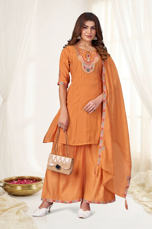 Vibrant Rust Orange Chanderi Designer Palazzo Suit with Embroidery and Thread Work