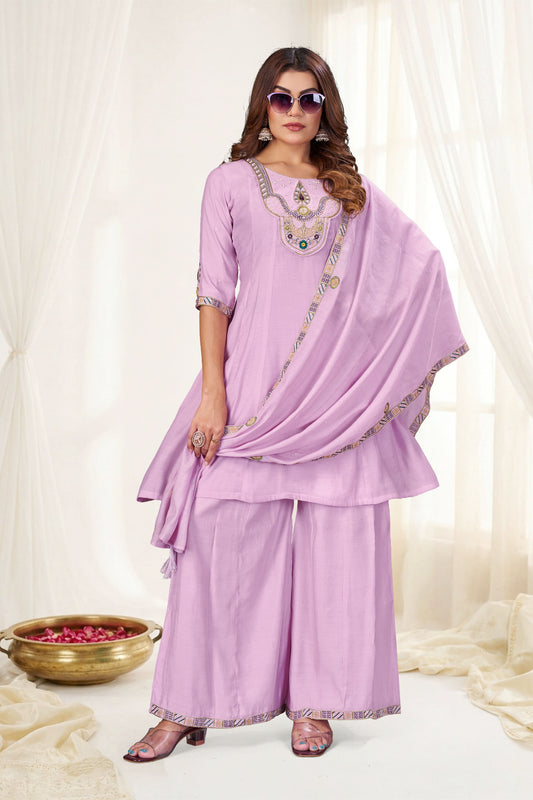 Charming Lavender Chanderi Designer Palazzo Suit with Embroidery and Thread Work