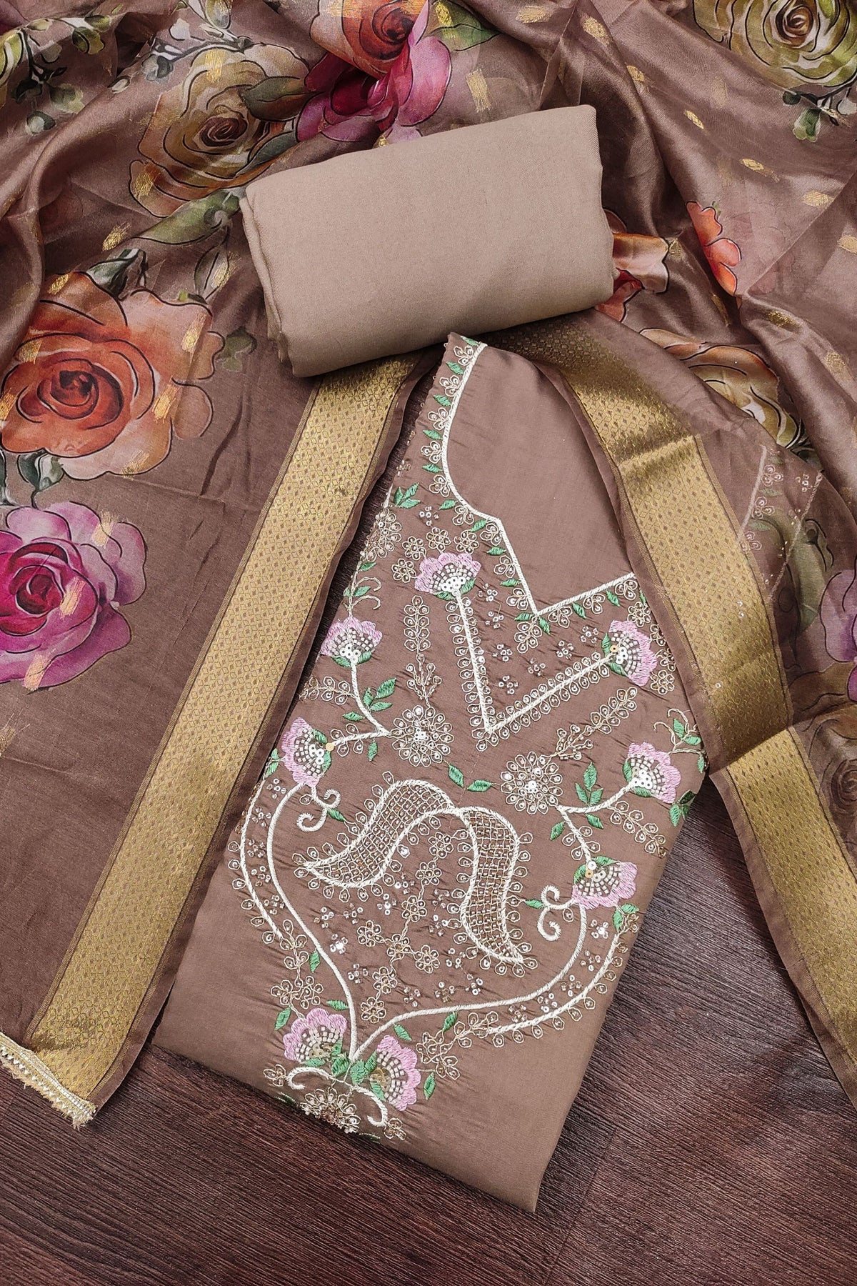 Elegant Brown Cotton Silk Salwar Suit and Printed Dupatta for Women