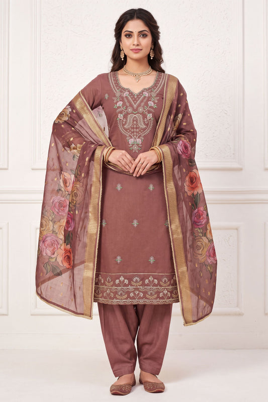 Elegant Brown Silk Salwar Suit Printed Dupatta for Women