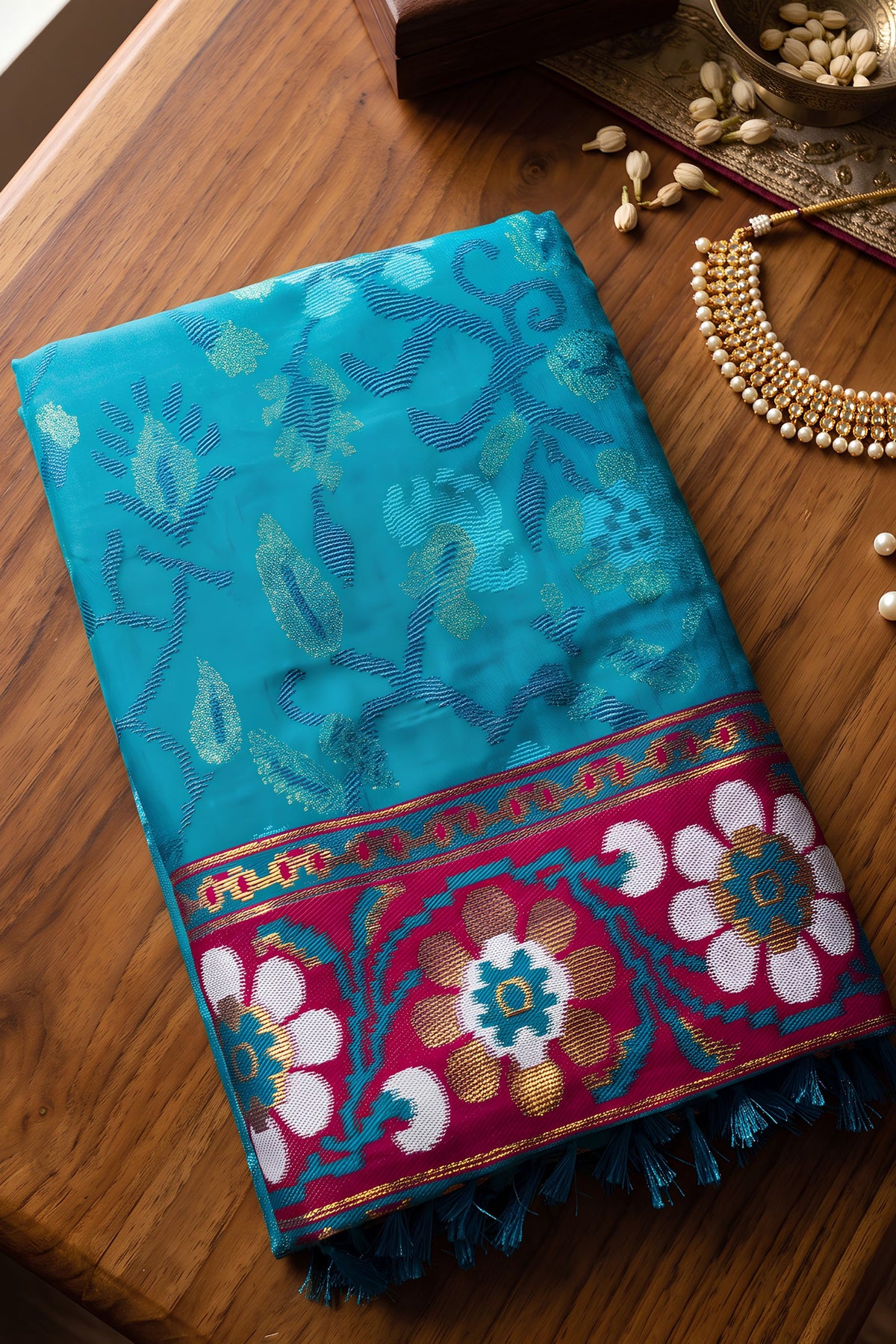 Stylish Teal Blue Silk Woven Designer Saree for Women