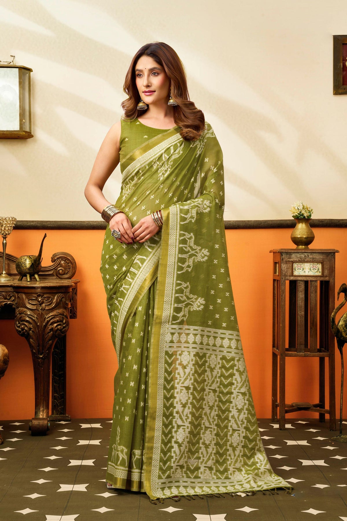 Elegant Olive Green Cotton Silk Woven Jacquard Designer Saree