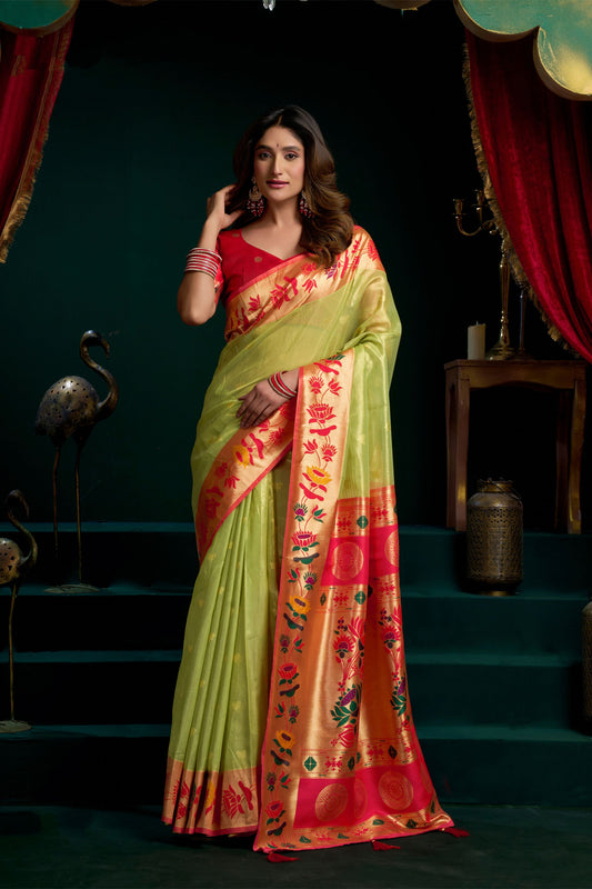 Exquisite Pista Green Tissue Silk Woven Jacquard Designer Saree for Women